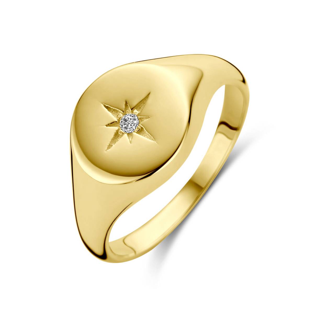 14k Geelgouden ring uitgevoerd met zirkonia. De ring heeft een breedte van 10mm.