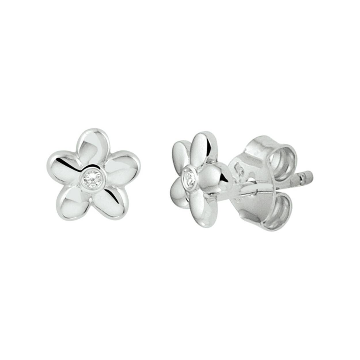 Gerhodineerd zilveren oorknoppen in de vorm van een bloem. Uitgevoerd met een schitterende zirkonia. Tip: Leuk om kado te geven! Zie je ze al stralen?