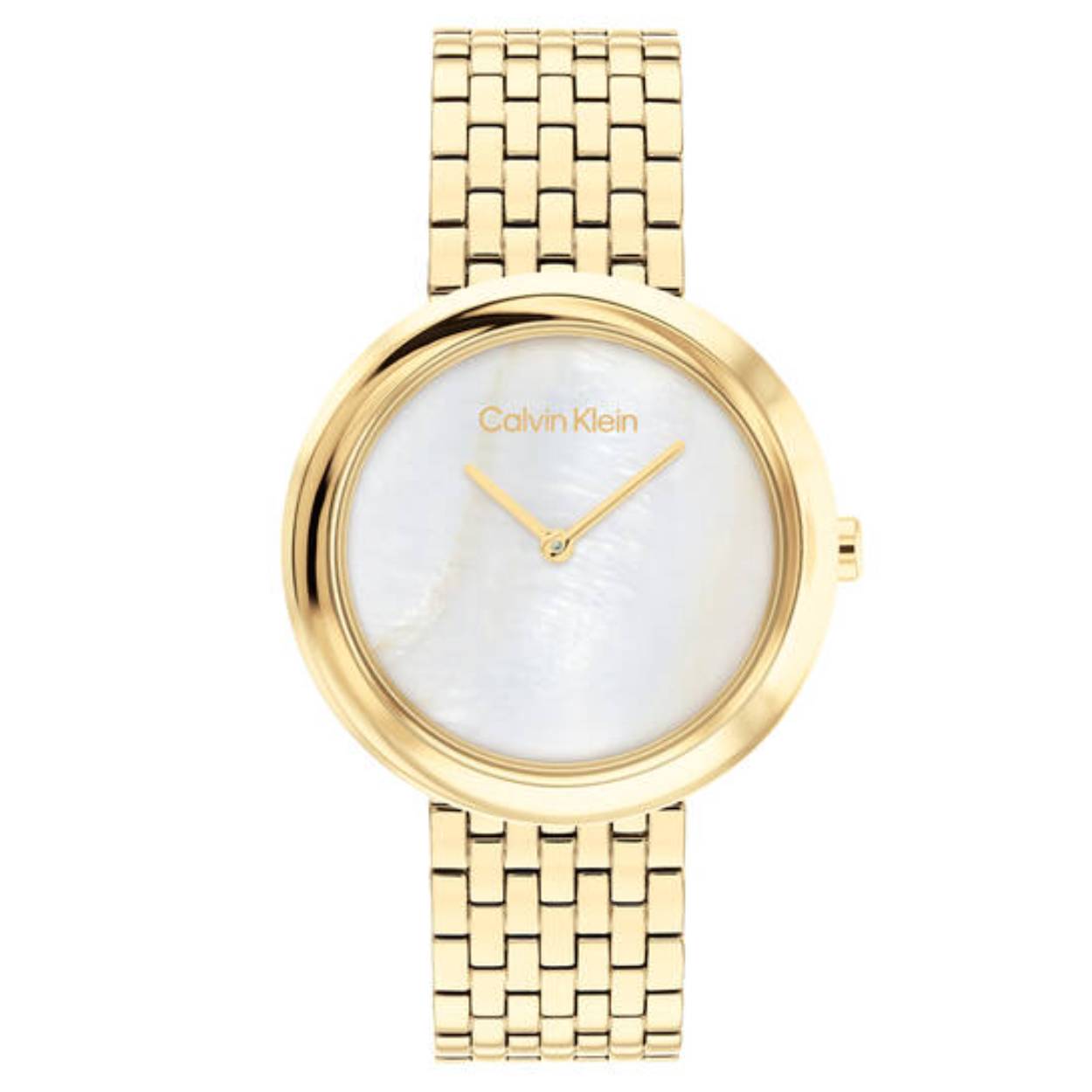 Dit Calvin Klein horloge behoort tot de Twisted Bezel collectie.
Referentienummer: 25200321

Dit horloge heeft een goudkleurige stalen kast en band. Het horloge dankt zijn naam twisted bezel aan de gedraaide look van de bezel. Het horloge heeft een mother of pearl wijzerplaat zonder indexen. De wijzerplaat wordt afgeschermd door mineraalglas en is waterbestendig tot 3 atm.
