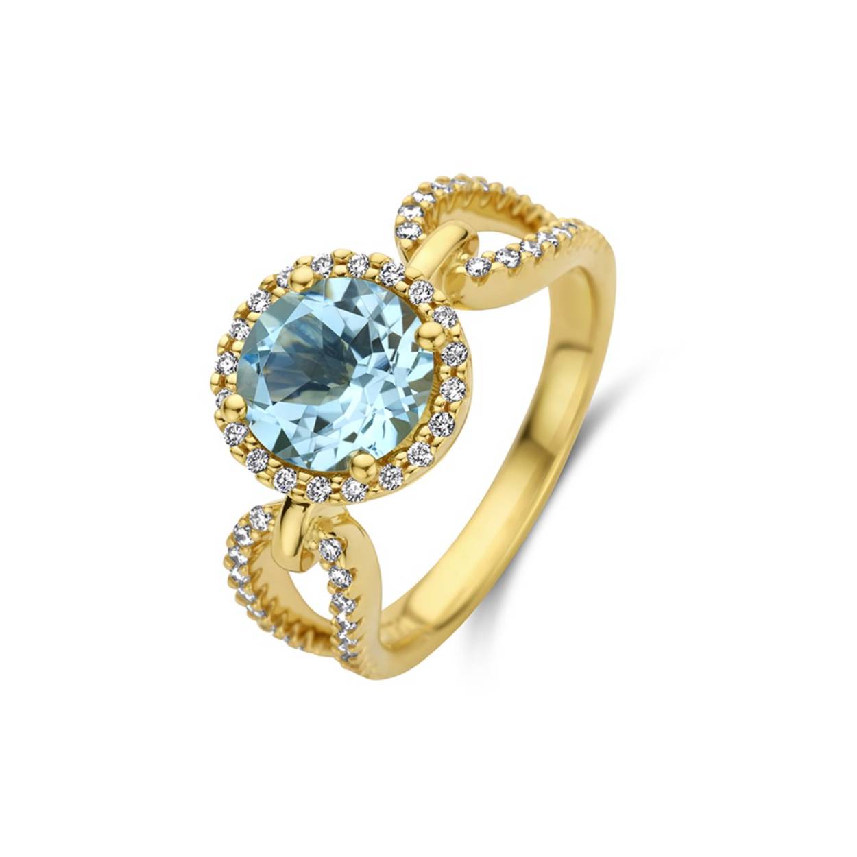 Ring geel goud 18kt met diamanten en blauwe topaas