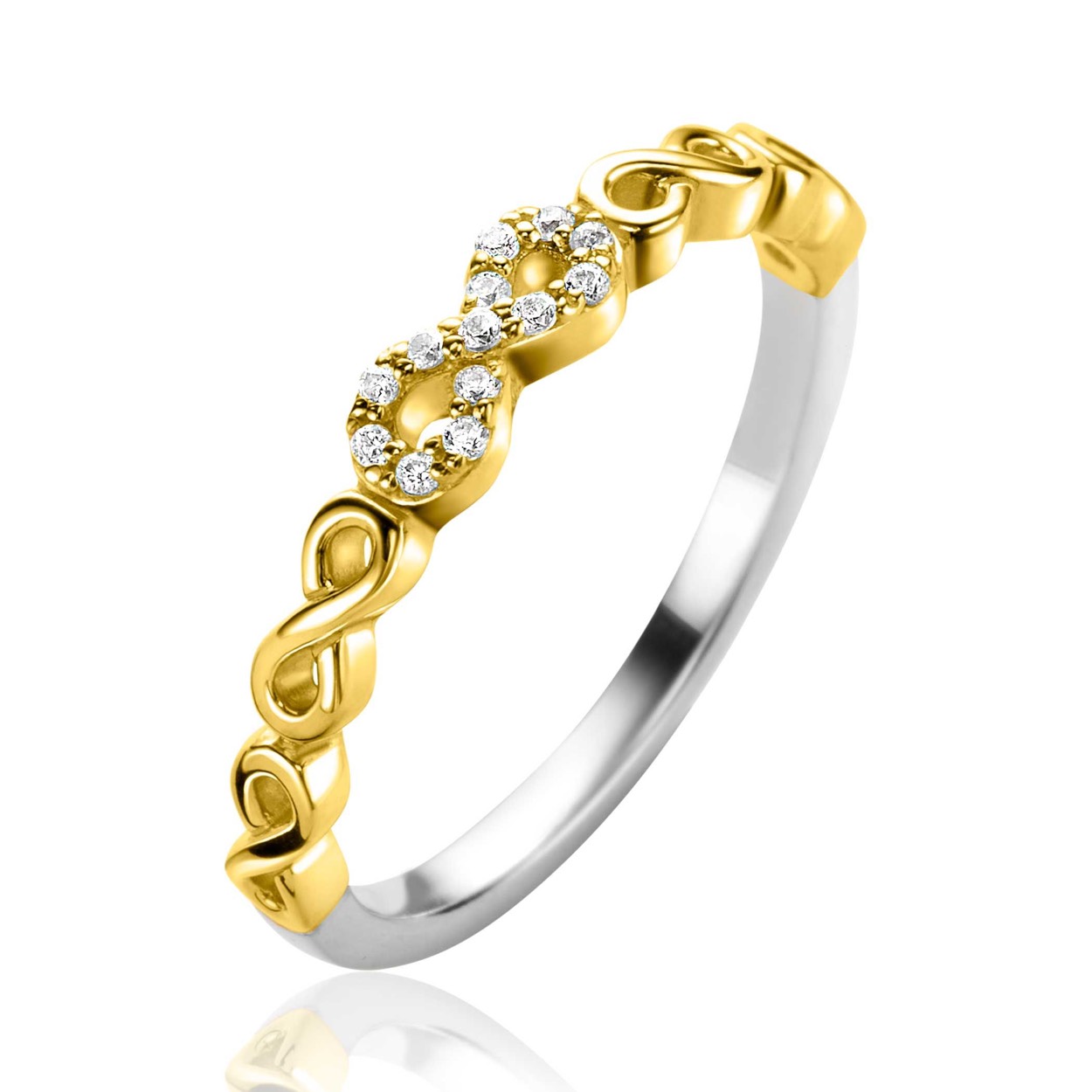 ZINZI gold plated zilveren aanschuifring met vijf sierlijke Infinity schakels, waarvan de middelste bezet is met witte zirconia's. De ring is 3mm breed. Gemakkelijk te combineren met andere zilveren ZINZI aanschuifringen. Mix & Match! De ring is vervaardigd van eerste gehalte zilver (925) en extra geel verguld.