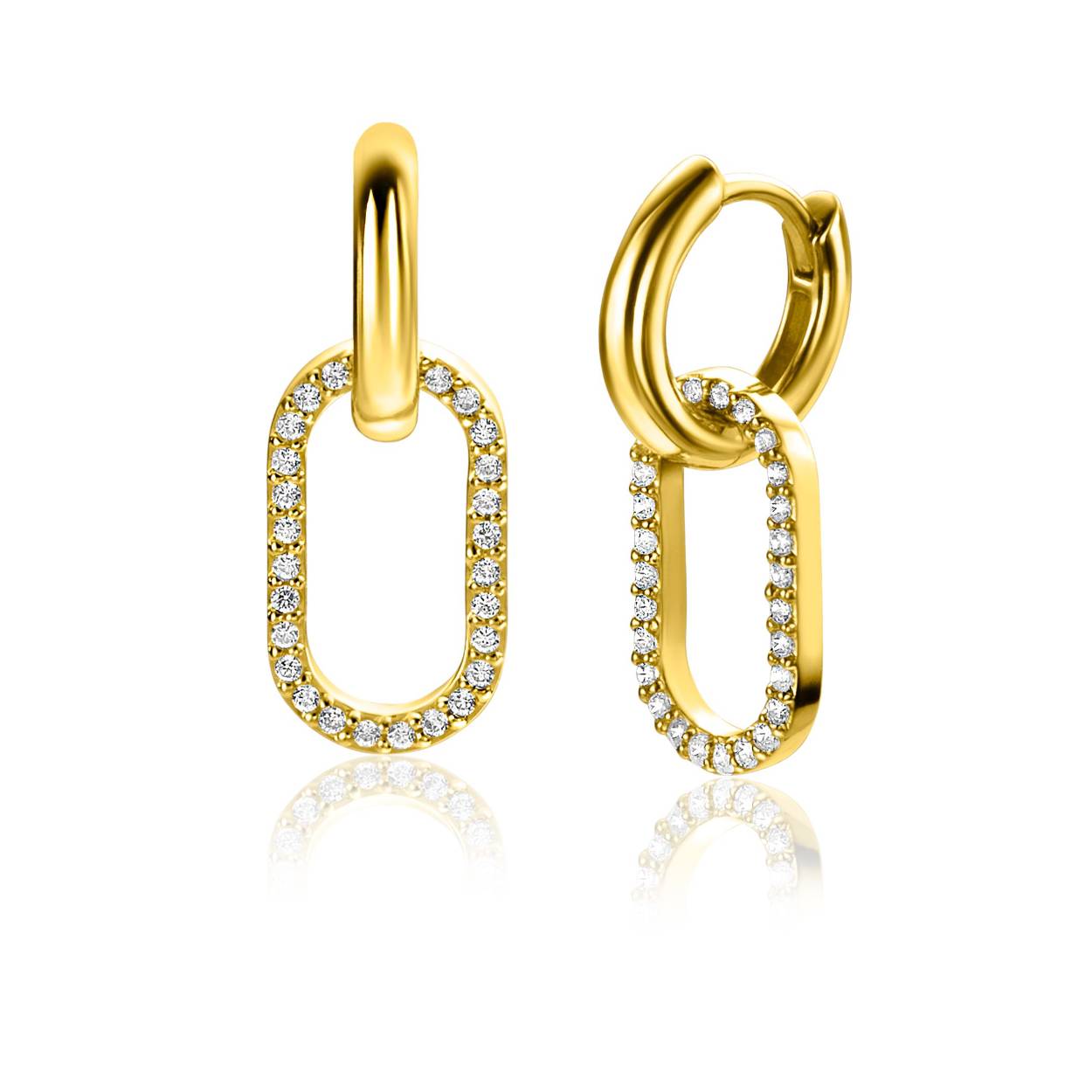 ZINZI gold plated zilveren oorbedels in ovale vorm (15mm), bezet met witte zirconia's. Hang deze oorbedels sierlijk aan je zilveren ZINZI oorringen. De oorringen zijn niet bij de prijs inbegrepen. Vervaardigd van eerste gehalte zilver (925) en extra geelverguld.