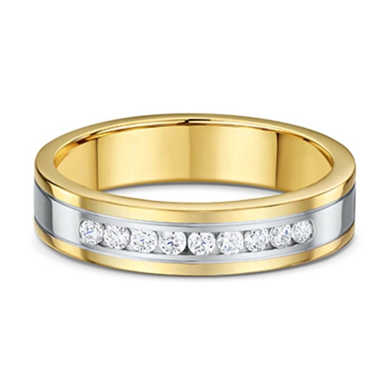 14k bicolor gouden trouwringen. De dames ring is bezet met 9 briljant geslepen diamanten van totaal 0.18ct. Beide ringen zijn 5mm breed.