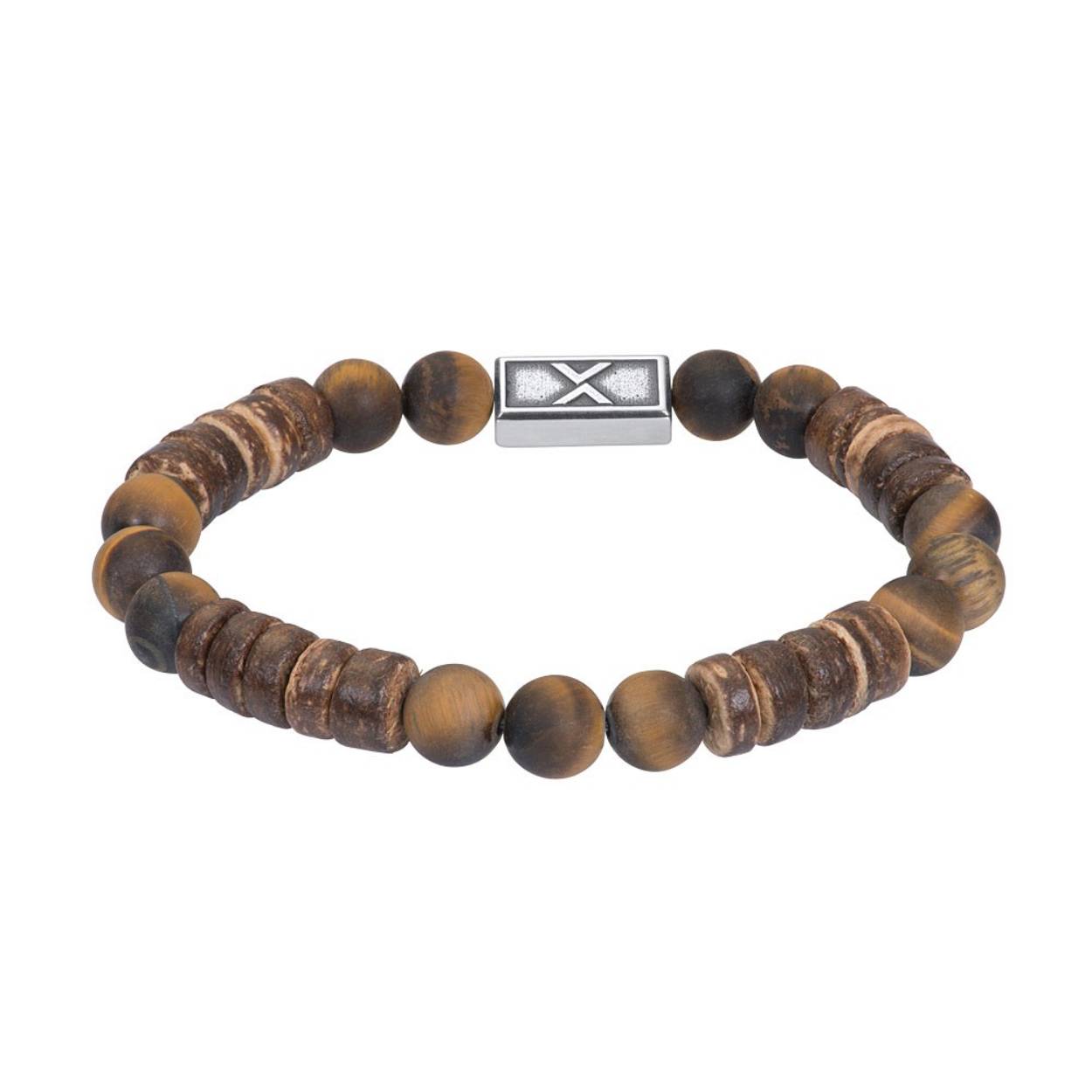 De iXXXi Men armband Charlie bestaat uit een combinatie van stainless steel in de kleur antiek zilver en kralen in de kleur bruin.