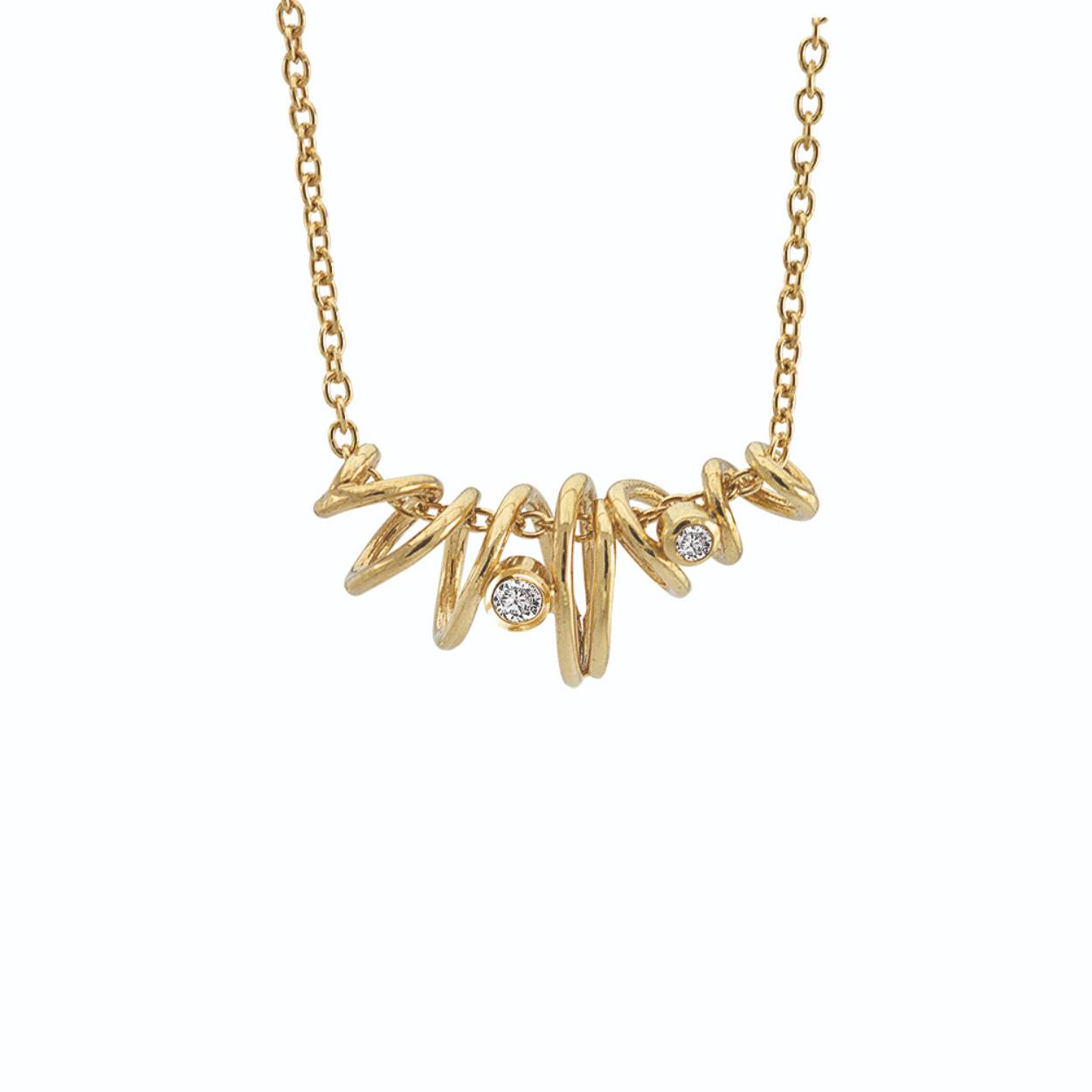 Deze geel goud vergulde ketting is verstelbaar en te dragen op 42 en 45 cm. De gekrulde hanger bevat twee witte topazen.