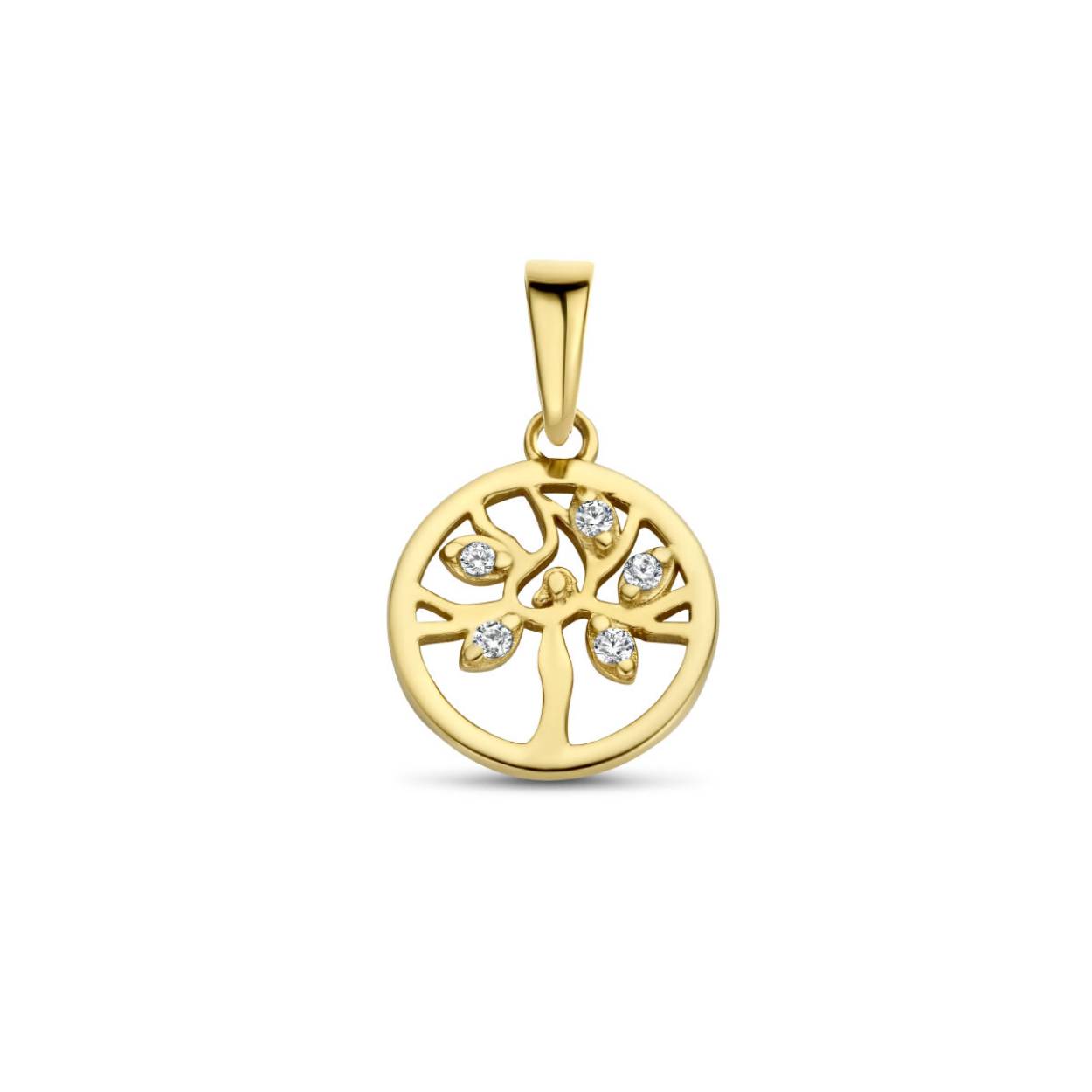 14k Geelgouden levensboom hanger met zirkonia. De hanger heeft een totale hoogte van 16mm.
