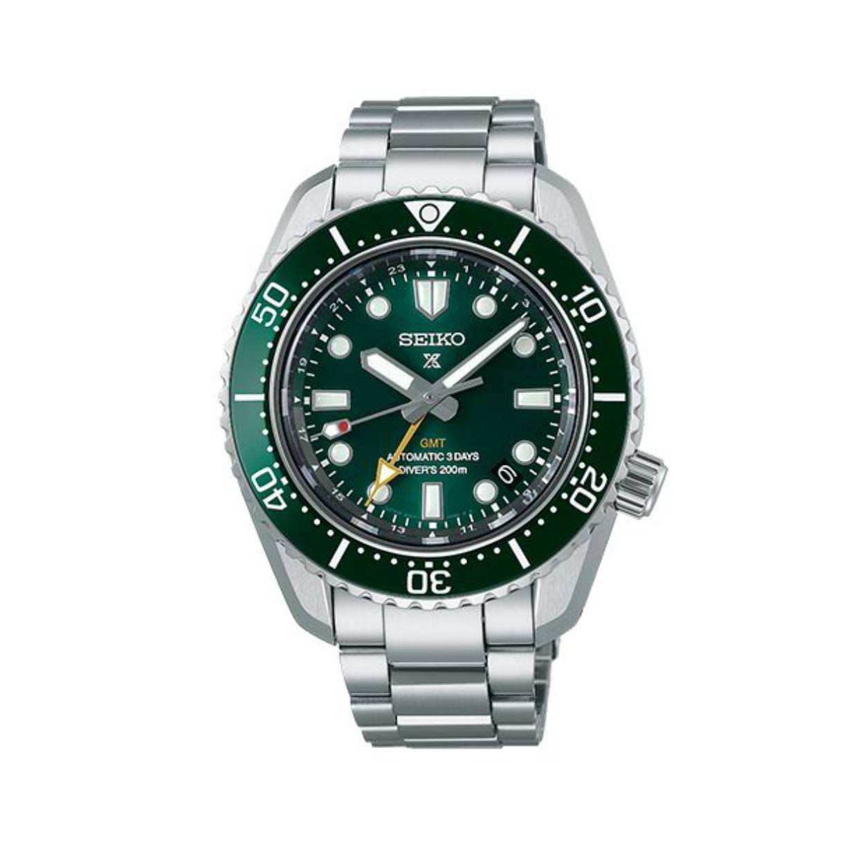 De Seiko Prospex GMT SPB381J1 heeft een automatisch uurwerk met analoge aanduiding en datumfunctie. Het horloge is waterbestendig tot 200 meter, met een zilverkleurige aluminium kast en groene wijzerplaat. De saffierglas bescherming en roestvrijstalen band maken het duurzaam. Draag dit stijlvolle horloge om je pols, ideaal voor dagelijks gebruik of avontuurlijke gelegenheden.