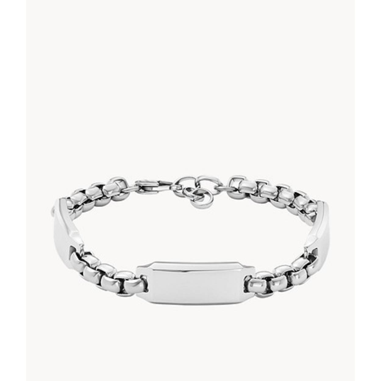 Stalen Fossil armband met drie plaatjes waar eventueel in gegraveerd kan worden.
