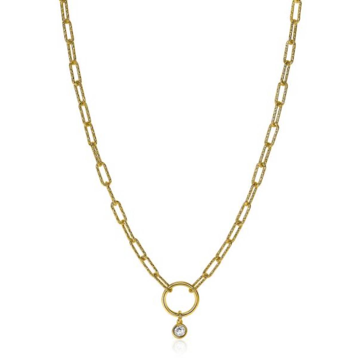 ZINZI zilveren paperclip schakelketting 14K geel verguld 45cm ronde vorm witte zirconia ZIC2200Y