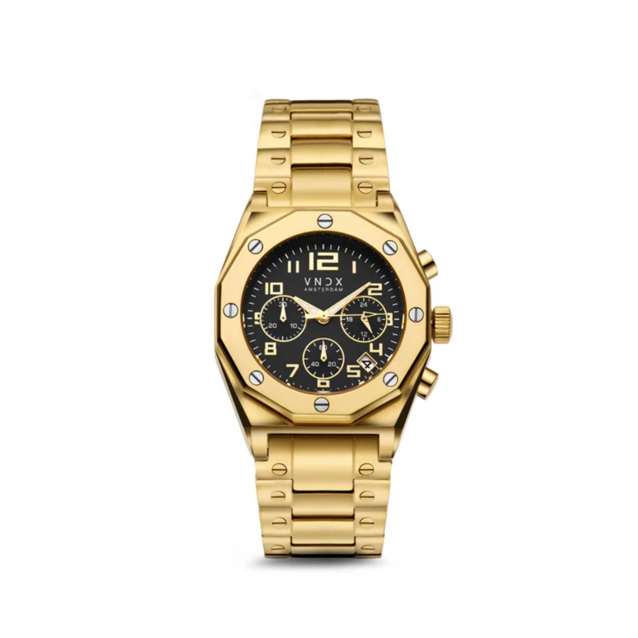Maak een statement met The One Goud Zwart van VNDX Amsterdam. Dit horloge combineert tijdloze elegantie met hoogwaardige materialen en luxe afwerking. De gouden kast en de verfijnde zwarte wijzerplaat vormen samen een tijdloos elegante combinatie, die perfect balanceert tussen stijl en eenvoud. Een veelzijdig horloge dat zowel dagelijks als bij speciale gelegenheden indruk maakt.

Waarom je The One moet hebben:

Krasbestendig saffierglas: Altijd een heldere wijzerplaat, zelfs bij dagelijks gebruik.
Lichtgevende wijzers: Voor zichtbaarheid, zelfs in het donker.
Duurzame RVS band: Luxe uitstraling en stevige, comfortabele pasvorm.
Waterdicht tot 10 ATM: Geschikt om mee de grachten in te springen.
Met The One Goud Beige draag je niet alleen de tijd, maar maak je een statement van luxe en stijl. Voeg dit iconische horloge vandaag nog toe aan je collectie!