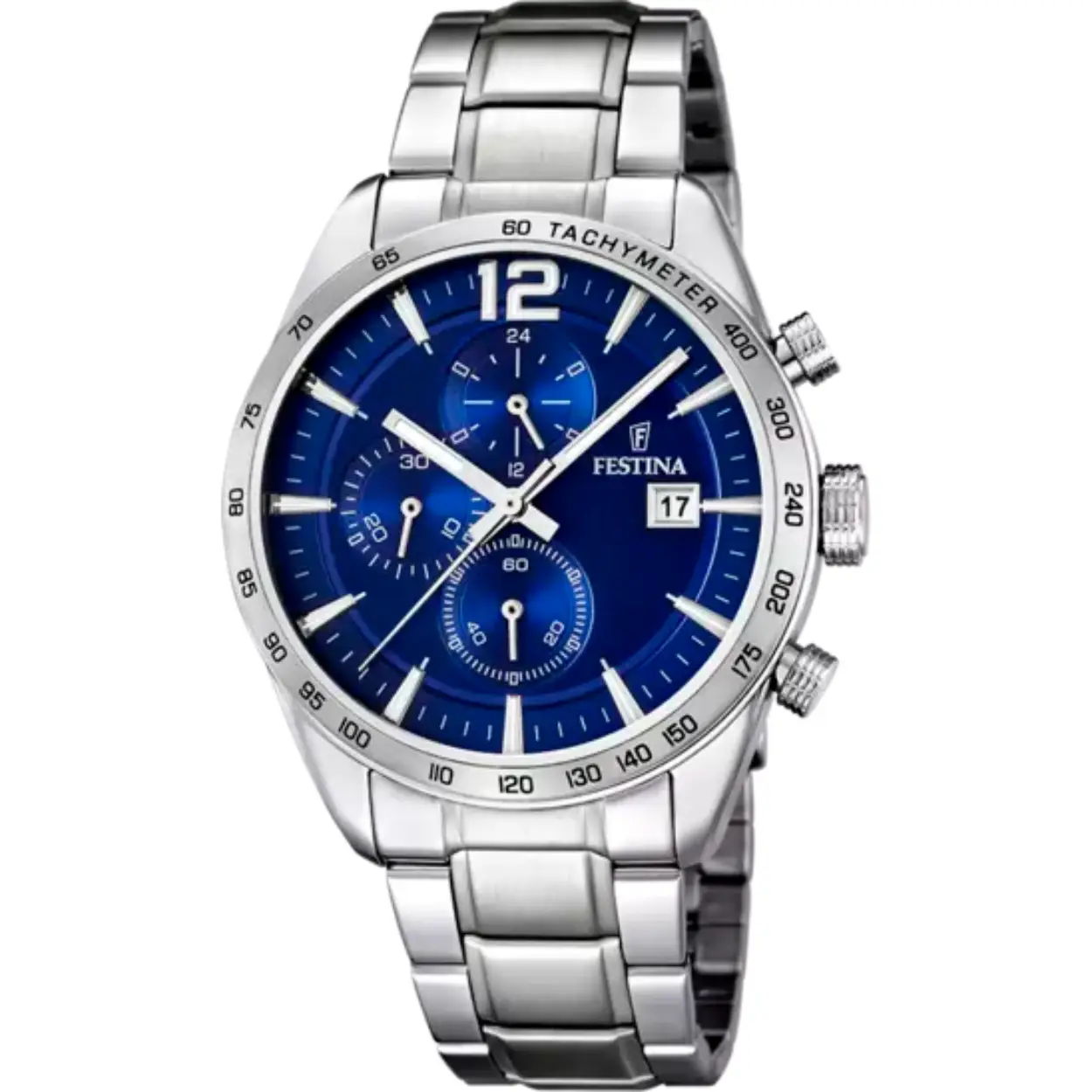 Herenuurwerk van Festina uit de 'Timeless' collectie 
Zilverkleurige band en kast in edelstaal
Blauwe wijzerplaat multifunctie met datumaanduiding
Chronograaf - tachymeter
Waterdichtheid: 5 ATM
