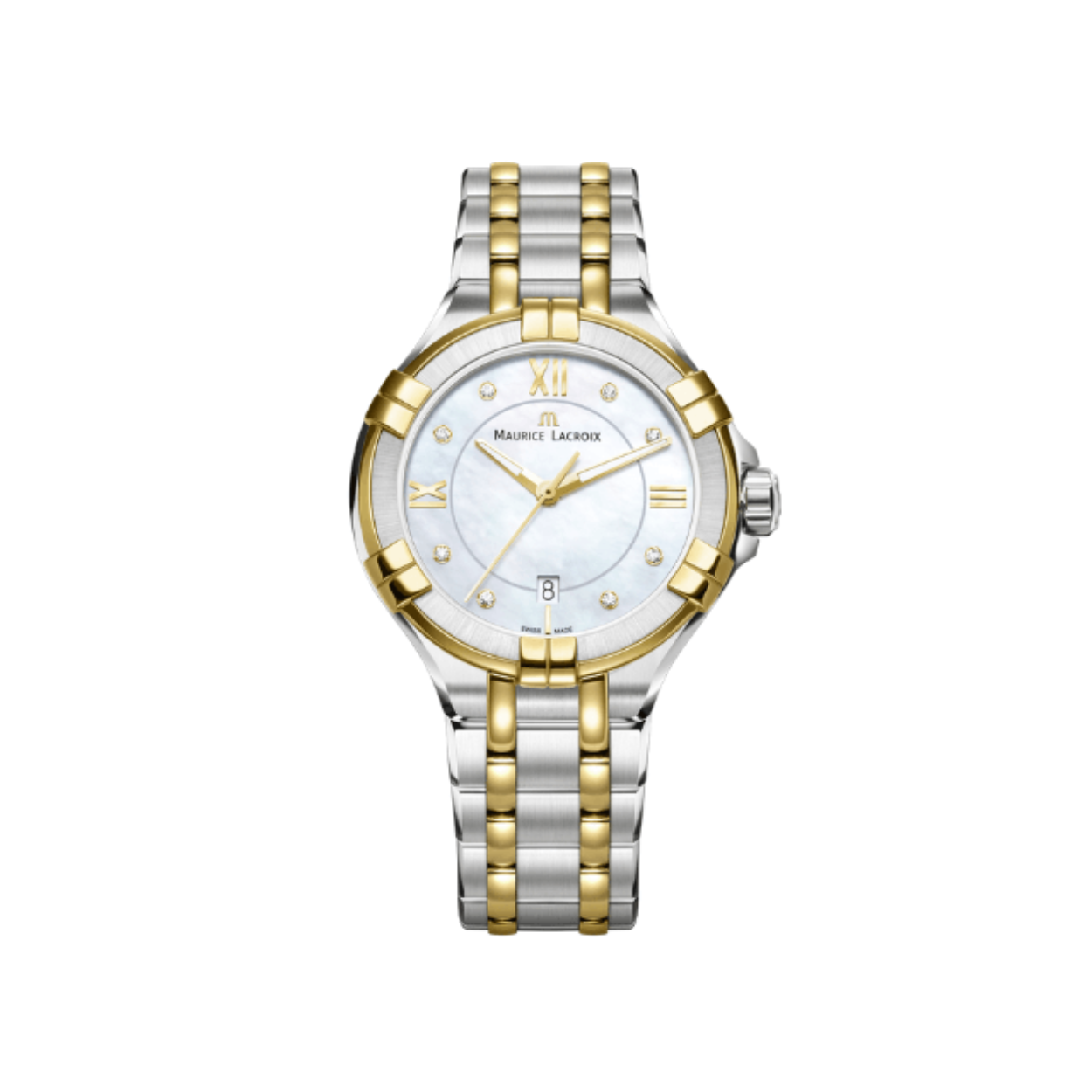 Case  30mm

Stainless Steel/Yellow gold PVD

Water resistance to 10 ATM

White mother-of-pearl set with 8 diamonds
(Ø 1.0 mm, SI, Wesselton, 0.03ct)

Yellow gold plated indexes

Yellow gold plated, white SLN hands