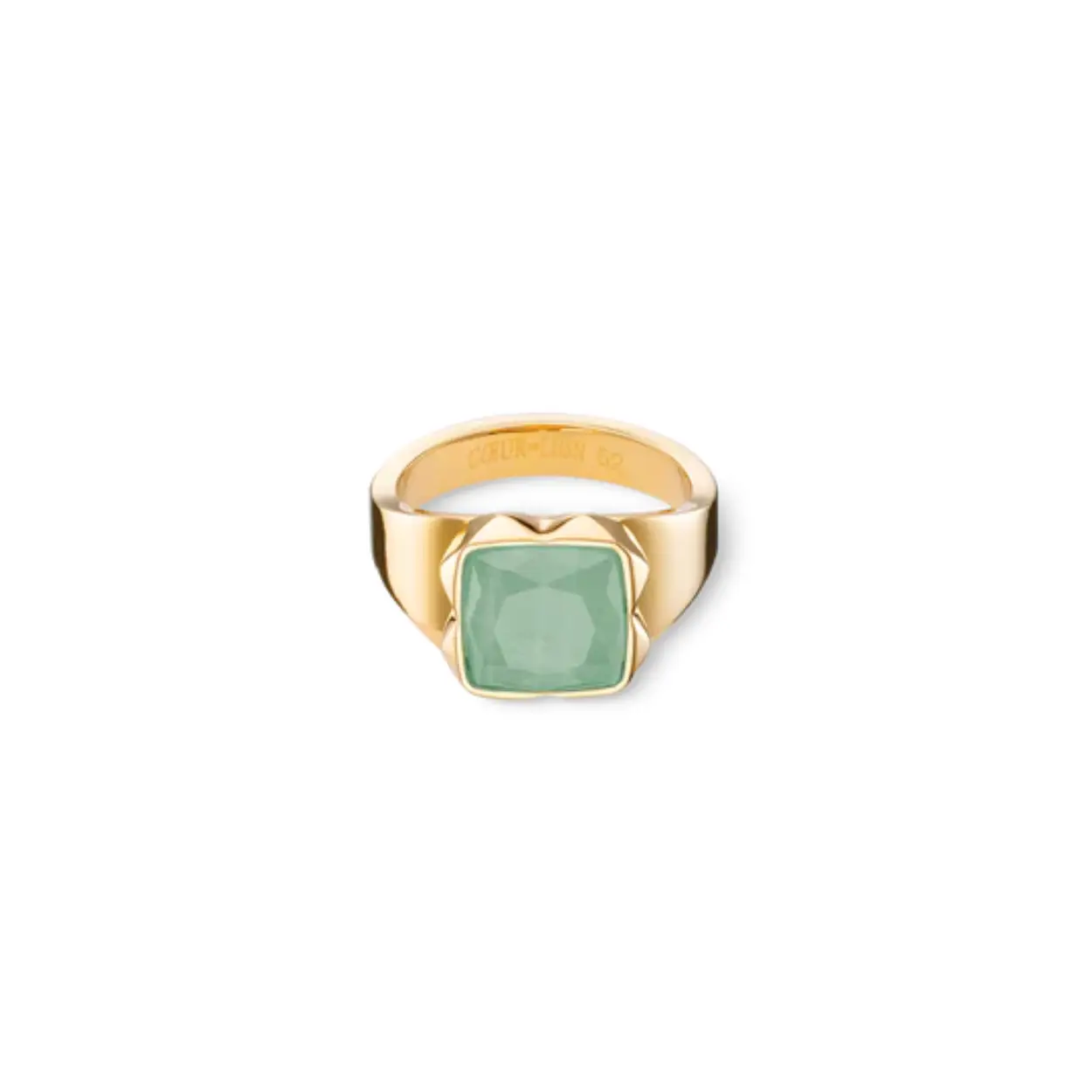 Ring van het merk Coeur de Lion. Deze ring is uitgevoerd in verguld edelstaal, met een groene aventurijn. Model  1200/40-0516-56