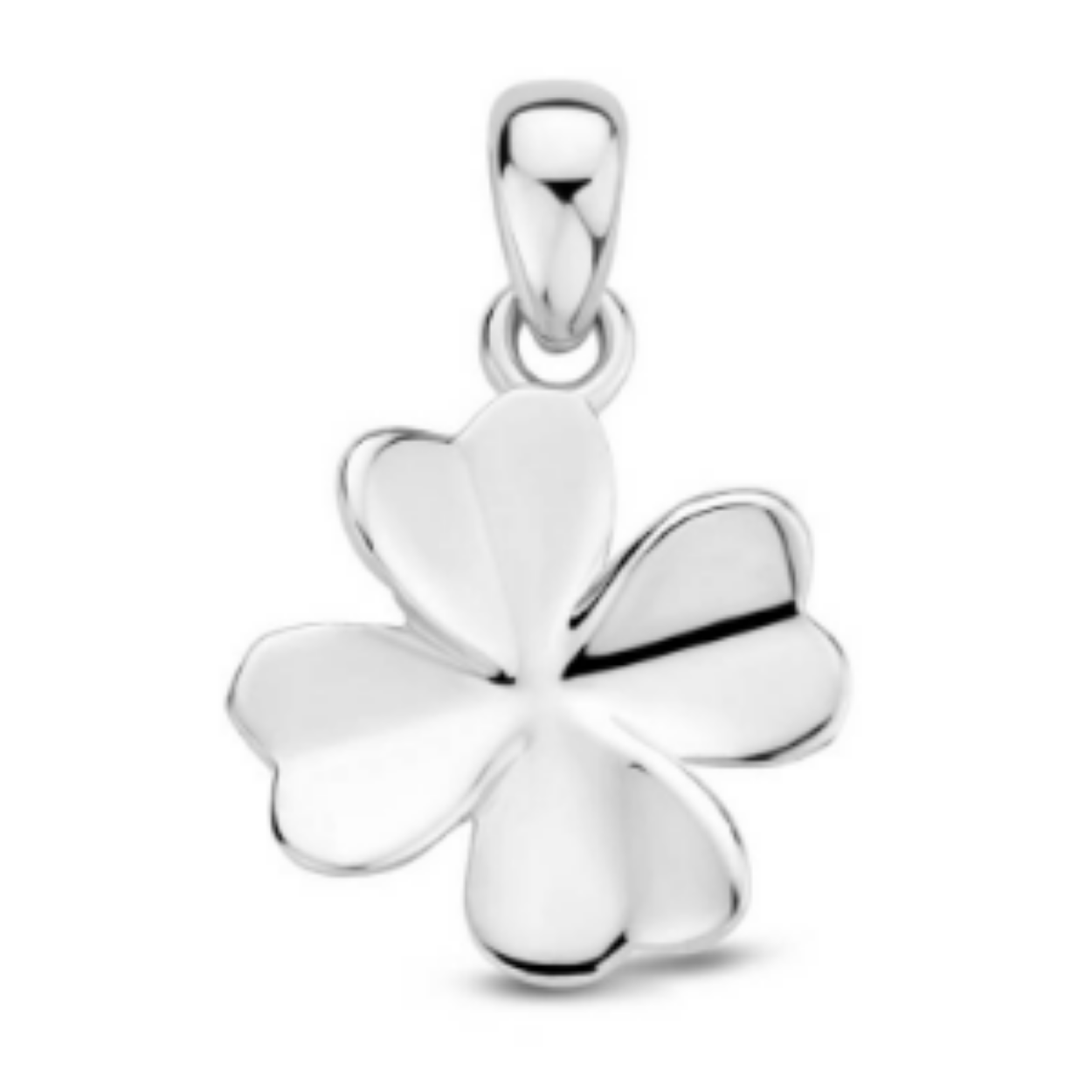 Gerhodineerd 925 zilveren hanger uitgevoerd in de vorm van een klavertje. De hanger heeft een totale hoogte van 1.8cm en een breedte van 12.2mm.