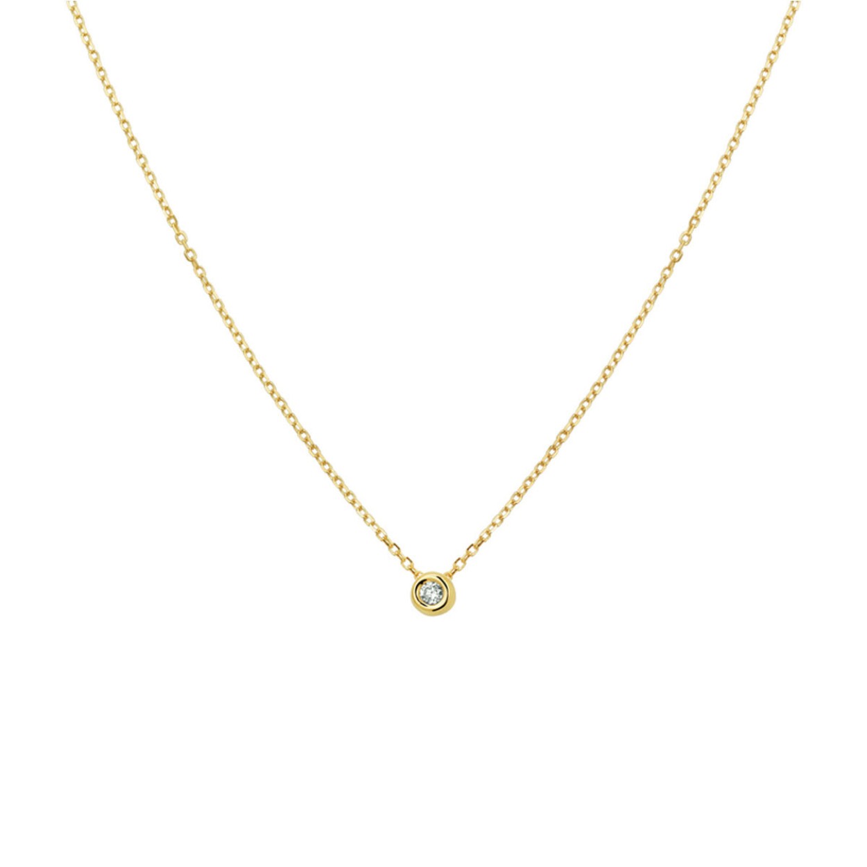 een 14 Krt geelgouden Collier met ronde hanger waarin een diamant briljant geslepen 0.03 Crt G SI