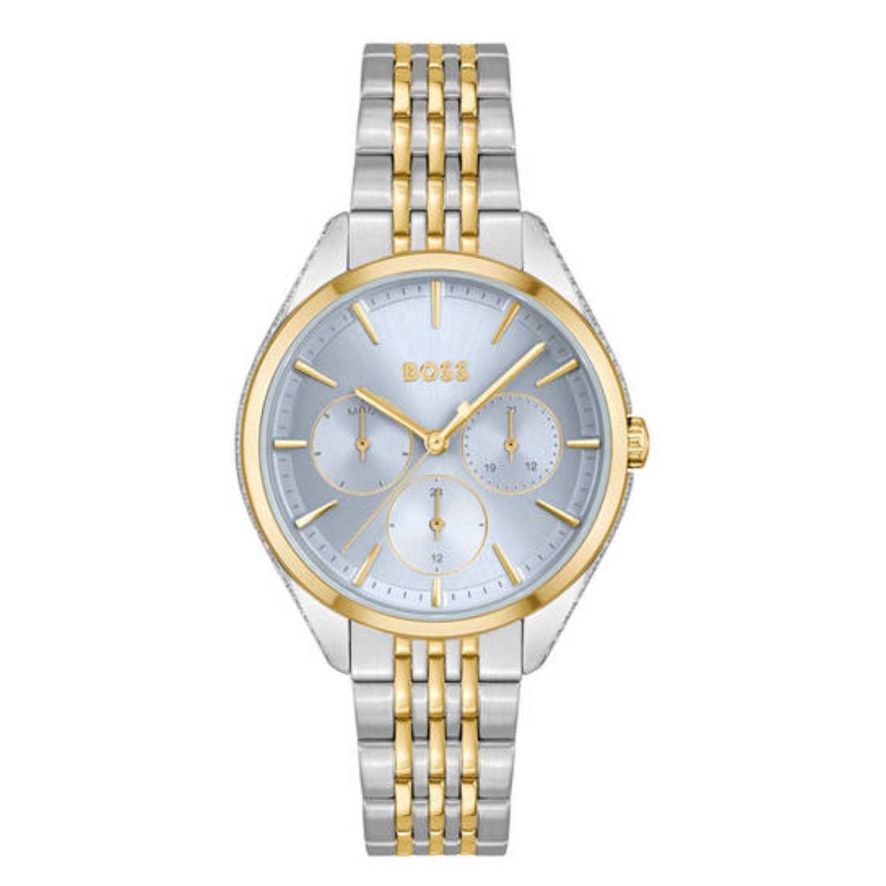 Boss dames horloge Saya, bicolor  band 
Dit BOSS dameshorloge uit de Saya  serie met artikelnr.  HB1502702 is een stijlvol horloge voor de zakelijke en moderne vrouw van nu. Het horloge heeft een bi-color stalen horlogekast met een goudkleurige  bezel en een blauwe wijzerplaat met fijne wijzers en tijdsaanduiding. Het dameshorloge heeft een bi-color stalen band. Het BOSS Saya dameshorloge heeft een doorsnee van 38mm een mineraalglas en is 3 ATM.

HET MERK
HUGO BOSS is afgestemd op levensstijlen waar het gaat om kwaliteit en precisie. Het wereldwijde fashionlabel is verdeeld in twee merken BOSS en HUGO. Het merk BOSS biedt geavanceerde moderne horloges gericht op kwaliteit en design om een onberispelijke look te cre�ren � of het nu zakelijk casual of sportief is. De horloge collectie van BOSS is perfect afgestemd op levensstijlen waar het gaat om kwaliteit en precisie. BOSS is op maat gemaakt in een onberispelijke stijl.
Blijf stijlvol bij de tijd. Voor de BOSS-vrouw is stijl het handelsmerk en draait alles om
details. Breng uw look naar een hoger niveau met onze nieuwe en kenmerkende horlogecollectie.
