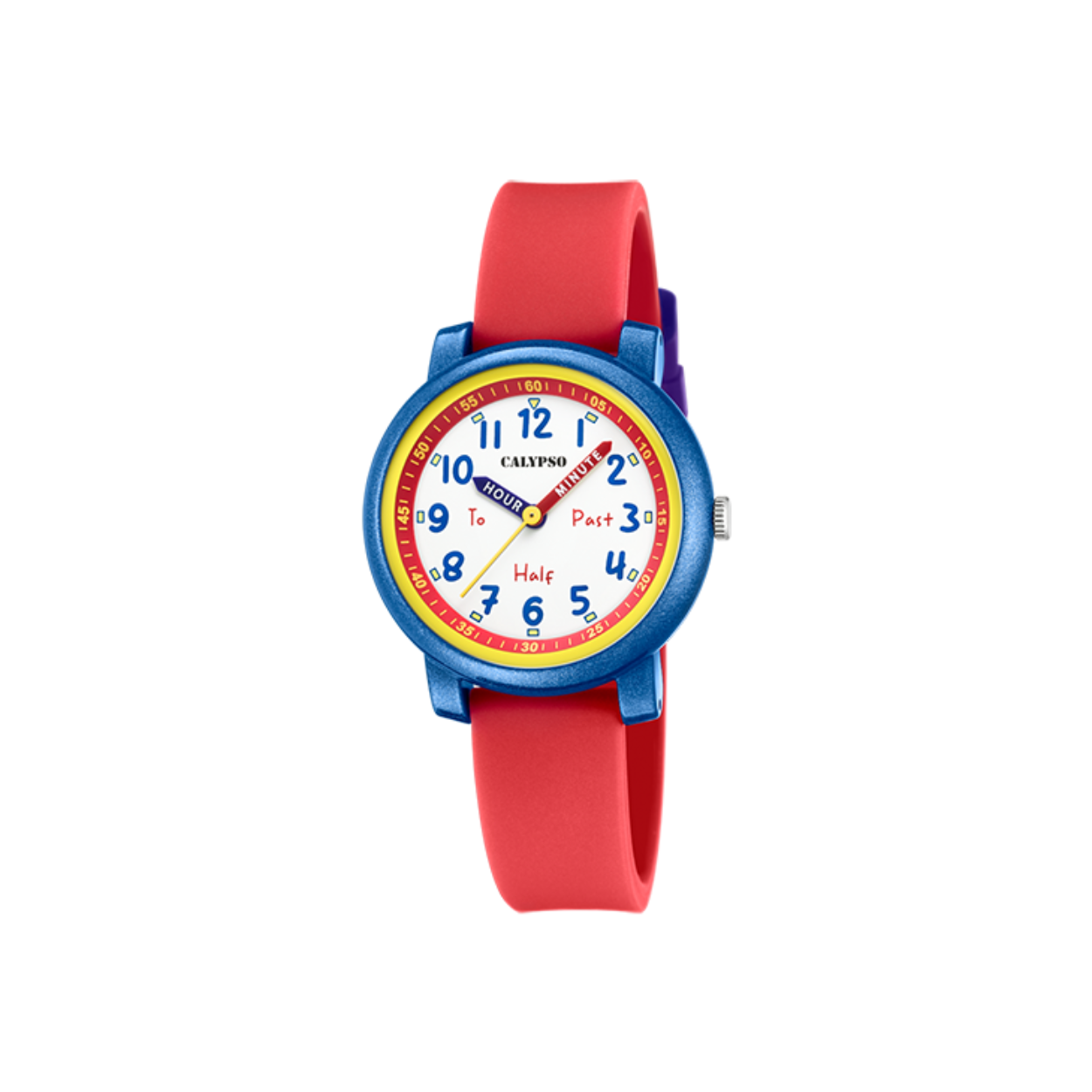 Een stoer kinderhorloge waarmee ze nooit meer te laat komen!
Kunststof kast met een rubber band en aangeduid met arabische cijfers. Tot wel 5 ATM waterdicht.