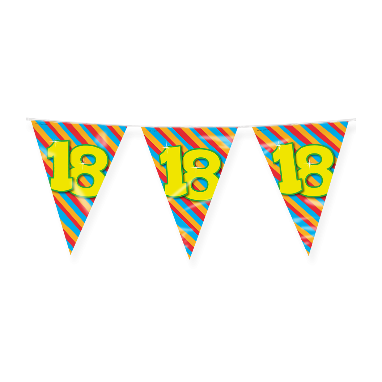 De Happy party flags 18 zijn de ideale versiering op de verjaardag van een 18-jarige. Door de vrolijke kleuren vallen deze party vlaggen dan ook extra goed op! De aan beide kanten bedrukte vlaggetjes zijn gemaakt van folie, hebben een lengte van 10 meter.