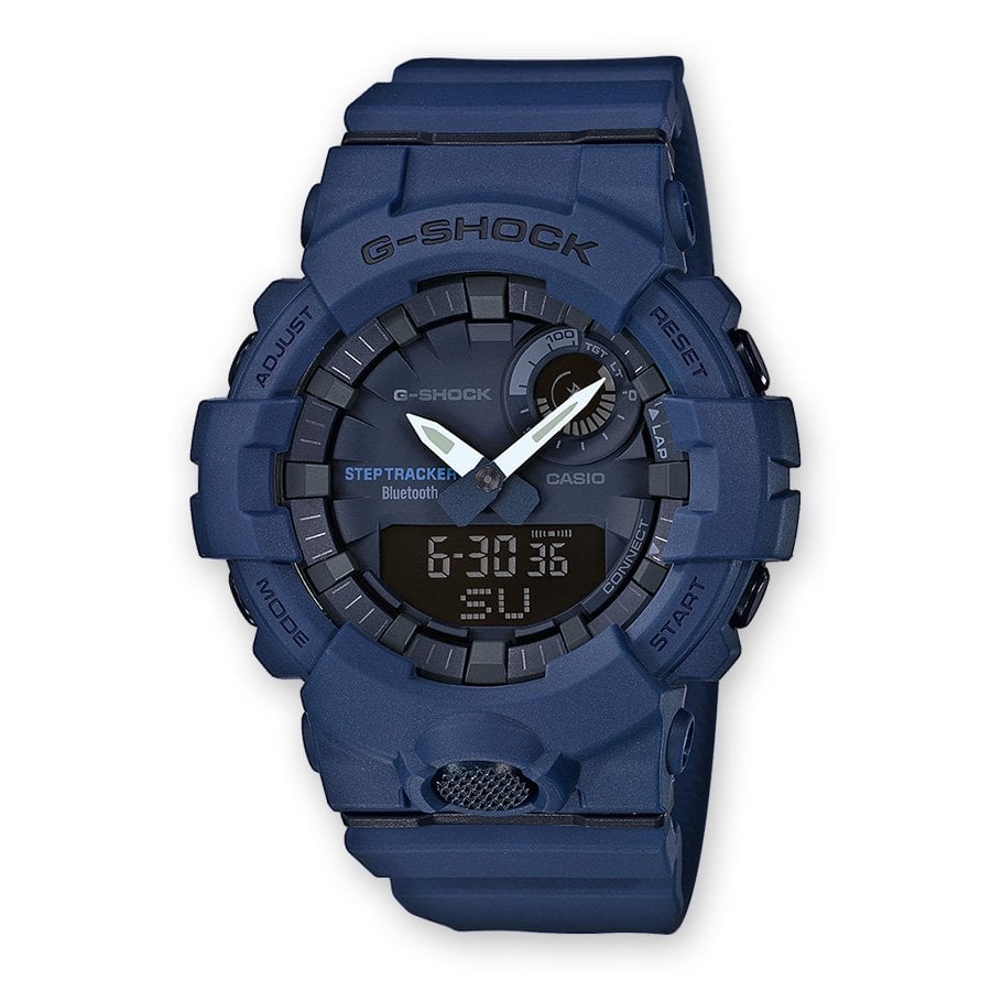 Casio G-shock, alarm, automatische kalender, bluetooth, dag, datum, LED-lampje, stappenteller, stopwatch, tweede tijd