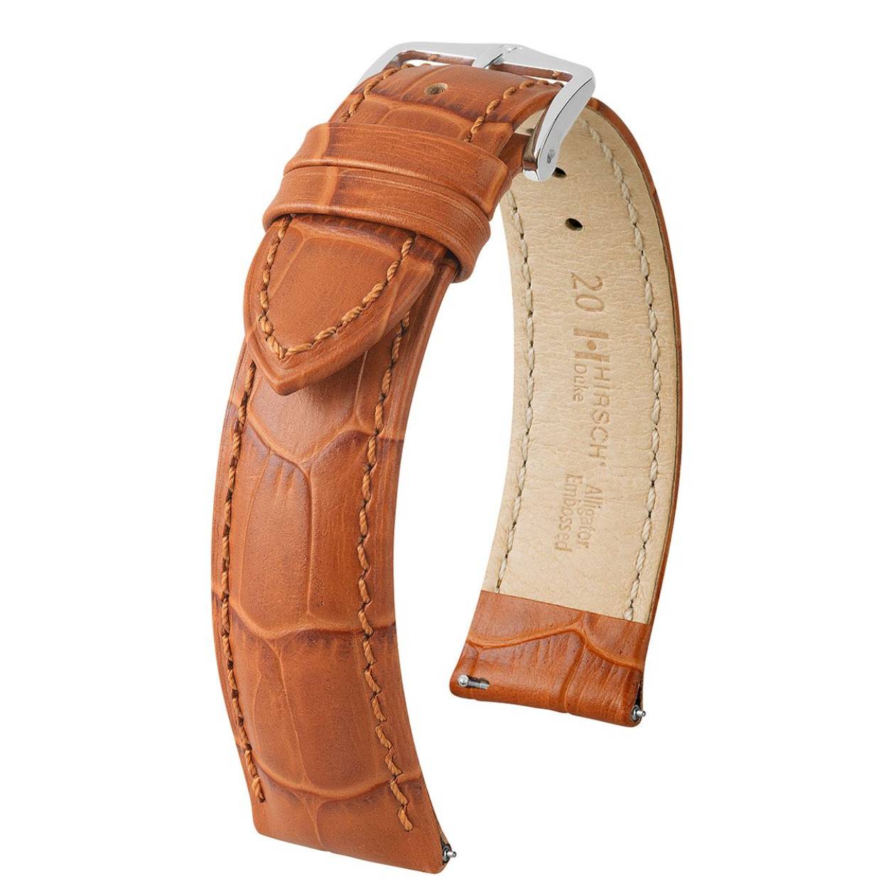 Onopvallend en toch buitengewoon: dat is DUKE. De leren band is gemaakt van het fijnste Italiaanse kalfsleer, dat dankzij de speciale alligator embossing scoort met een unieke look. Bovendien maakt het visueel indruk met het semi-matte oppervlak, de fijne ton-sur-ton gewatteerde naad en de gedefinieerde reliëflijn op armband en lussen.