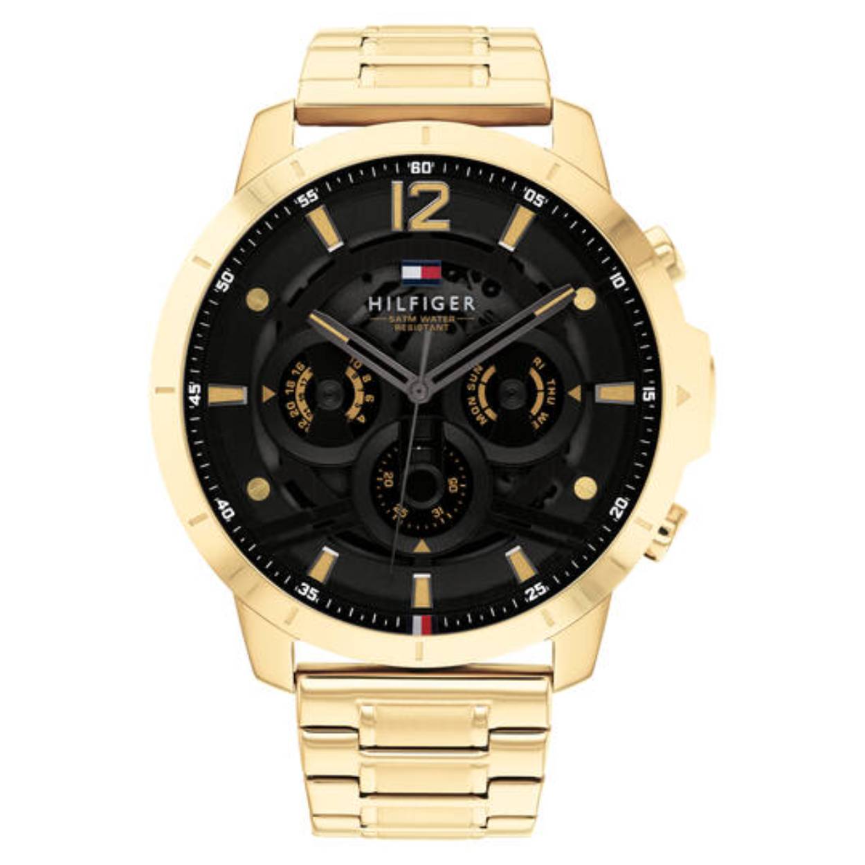 Tommy Hilfiger TH1710511 Horloge Heren Staal Goudkleurig Schakelband 50mm
Dit zeer unieke horloge van Tommy Hilfiger met artikelnr: TH1710511 is een casual heren horloge die je zeker aan je collectie kunt toevoegen. Het stalen horloge heeft een ronde goudkleurige kast zwarte wijzerplaat met een dag,- datum en 24-uursaanduiding en lumibrite accenten. Dit geeft het horloge een stoere uitstraling. Aan het horloge zit een goudkleurige schakelband met een vouwsluiting. Het horloge heeft een mineraalglas, een doorsnee van 50mm en is 5 ATM.  

Het merk:
Sinds de lancering van het merk in 1985 is Tommy Hilfiger wereldwijd bekend geworden als pionier van de klassieke Amerikaanse coole stijl. Geïnspireerd door de iconische popcultuur en het Amerikaanse erfgoed. De dames en herencollectie van dit seizoen bestaan uit minimalistische silhouetten en rustieke lederen details. De herenhorlogecollectie biedt iconische uurwerken met roestvrijstalen, lederen en siliconen banden.

Specificaties:
- Mineraalglas
- Ronde kast 50mm
- Goudkleurige horlogekast
- Zwarte wijzerplaat
- Goudkleurige schakelband 
- 5 ATM