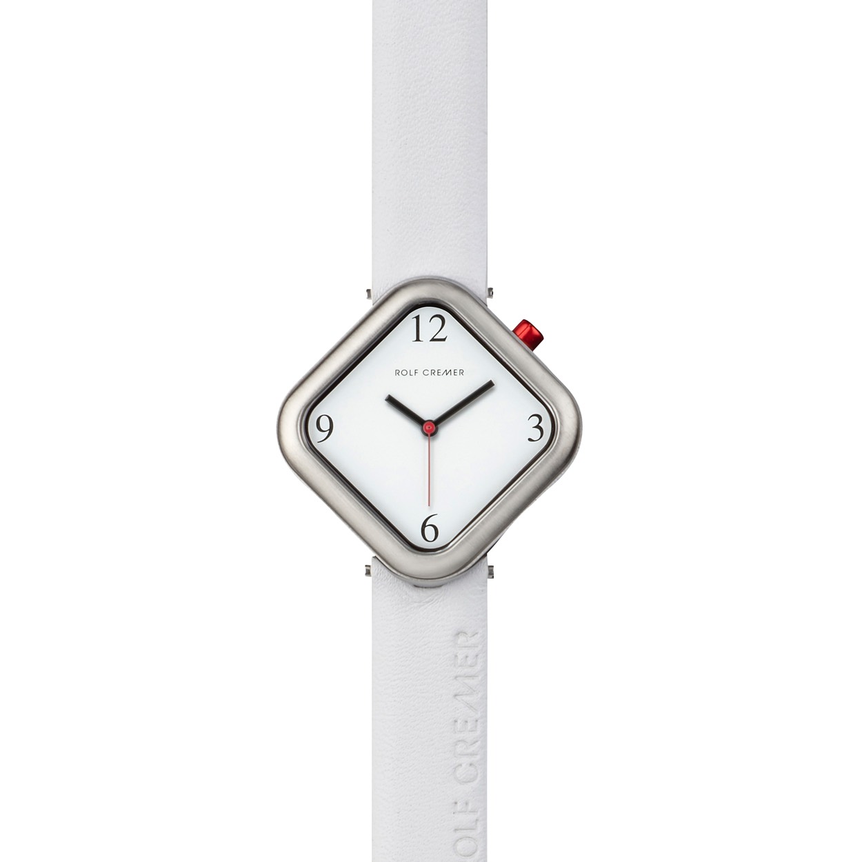 Een stalen horloge met wit leren band.