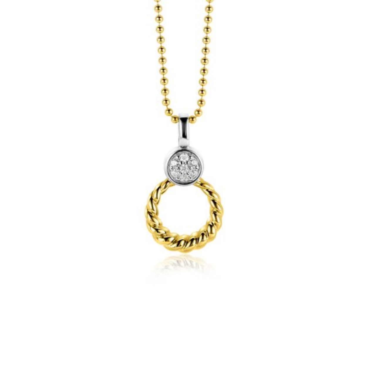 ZINZI zilveren bicolor hanger (20mm) in de vorm van een open rondje met gedraaid motief. De bovenkant heeft een ronde zetting, vol bezet met witte zirconia's. Combineer met een ketting naar wens! Exclusief ketting geprijsd. Vervaardigd van eerste gehalte zilver (925) en voorzien van een extra 14K geel vergulding.