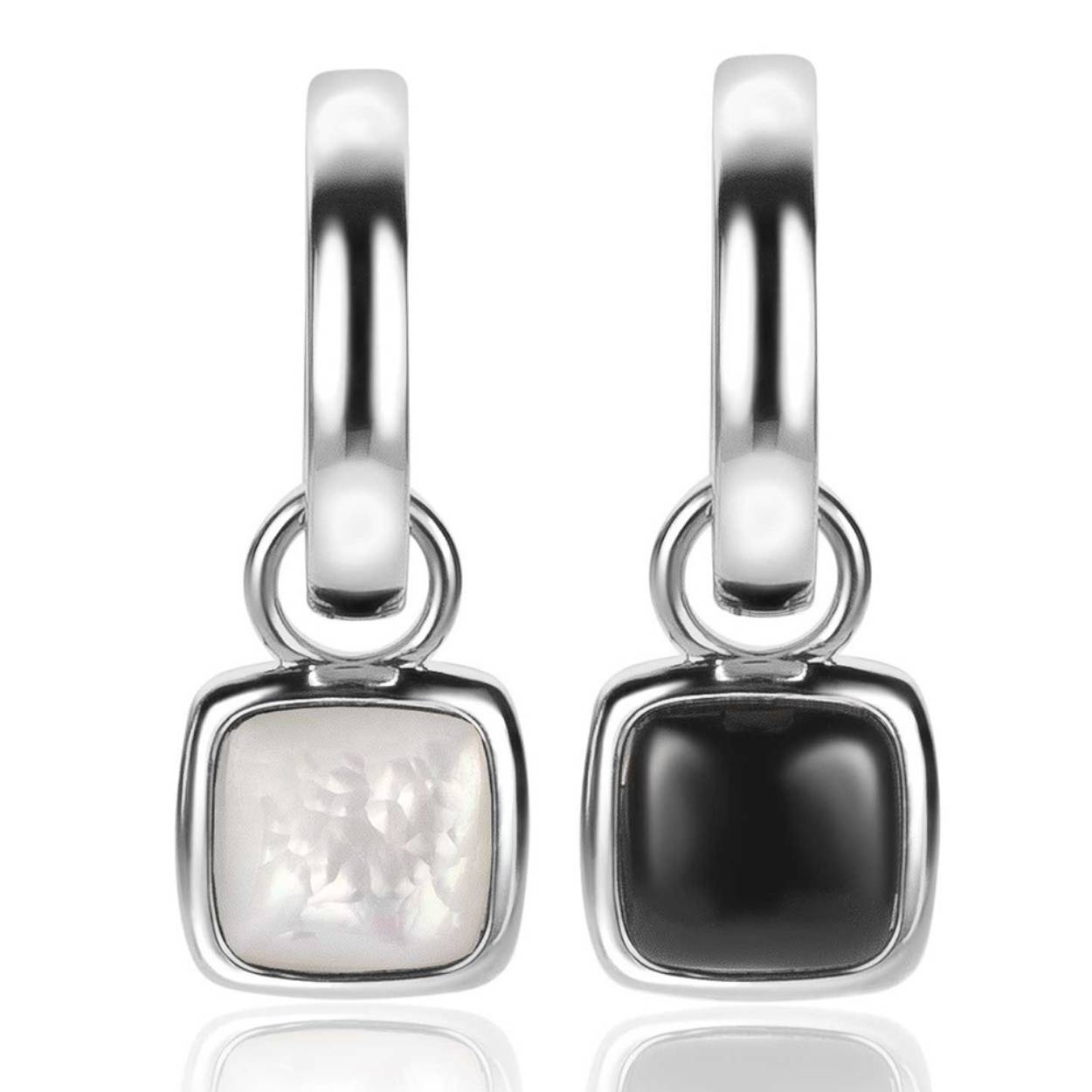 ZINZI zilveren oorbedels vierkant tweezijdig zwarte onyx en witte parelmoer 10mm ZICH2257 (zonder oorringen)