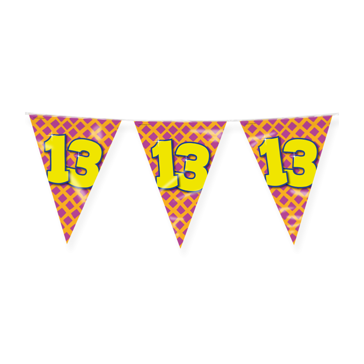 De Happy party flags 13 zijn de ideale versiering op de verjaardag van een 13-jarige. Door de vrolijke kleuren vallen deze party vlaggen dan ook extra goed op! De aan beide kanten bedrukte vlaggetjes zijn gemaakt van folie, hebben een lengte van 10 meter.