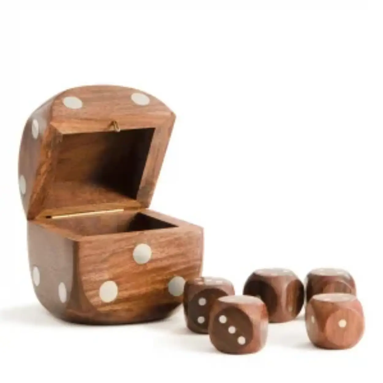 Dice Box With 5 Dices, Brass