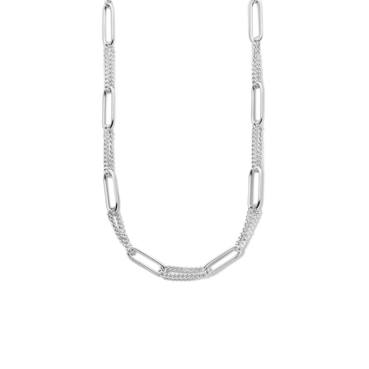 Gerhodineerd 925 zilveren collier uitgevoerd met een paperclip schakel van 7.2mm, gourmette schakel van 2.8mm en een karabijn sluiting. Het collier heeft een draaglengte van 42cm en een extensie van 3cm.