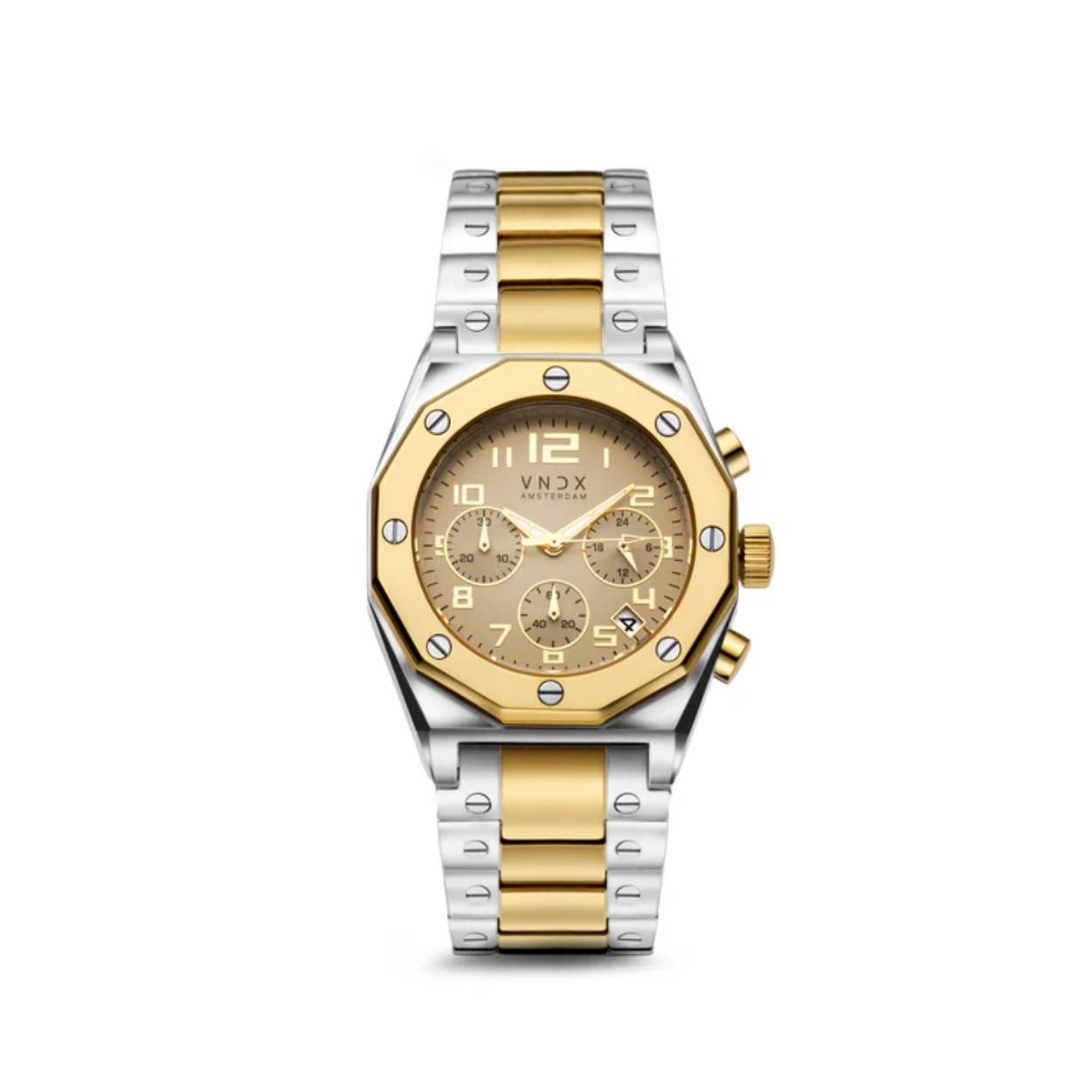 Maak een statement met The One Goud Zilver Beige van VNDX Amsterdam. Dit horloge combineert tijdloze elegantie met hoogwaardige materialen en luxe afwerking. De goud zilveren kast en de verfijnde beige wijzerplaat vormen samen een tijdloos elegante combinatie, die perfect balanceert tussen stijl en eenvoud. Een veelzijdig horloge dat zowel dagelijks als bij speciale gelegenheden indruk maakt.

Waarom je The One moet hebben:

Krasbestendig saffierglas: Altijd een heldere wijzerplaat, zelfs bij dagelijks gebruik.
Lichtgevende wijzers: Voor zichtbaarheid, zelfs in het donker.
Duurzame RVS band: Luxe uitstraling en stevige, comfortabele pasvorm.
Waterdicht tot 10 ATM: Geschikt om mee de grachten in te springen.
Met The One Goud Zilver Beige draag je niet alleen de tijd, maar maak je een statement van luxe en stijl. Voeg dit iconische horloge vandaag nog toe aan je collectie!