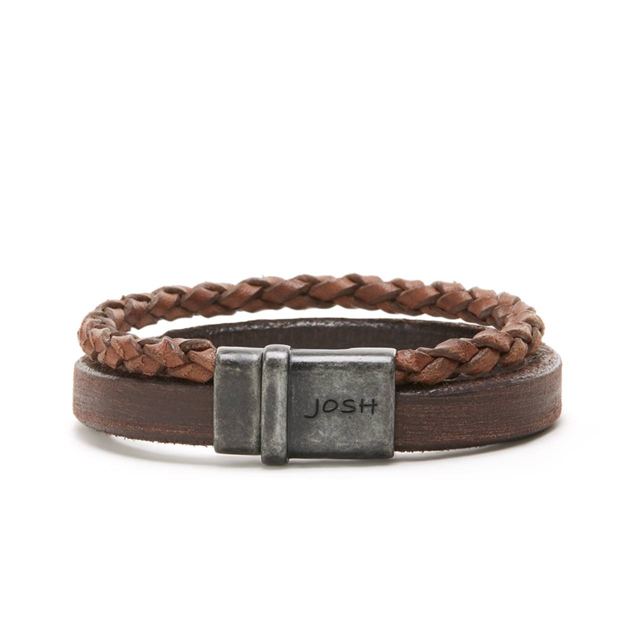 Josh armband verzilverd dubbel vlecht/glad 09264-BRA-VB/BROWN/L