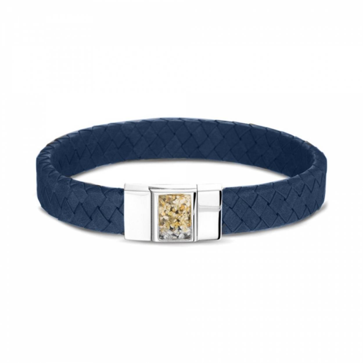 Zilveren armband met lederen bandje. Bovenop het zilveren stuk kan de armband gevuld worden met as of haar. De lederen band is verkrijgbaar in diverse kleuren en wordt voor u op de juiste polsmaat gemaakt.