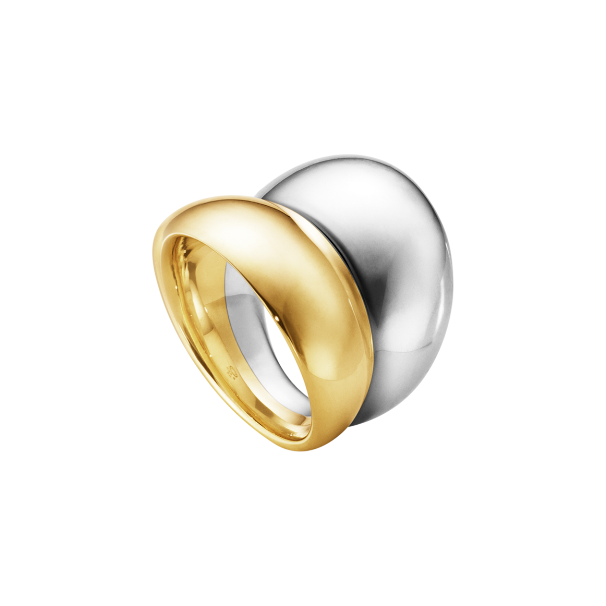 The perfect expression of two curves, one of sterling silver and the other of yellow gold, come together with a contrasting sharp line in this bold and sculptural ring. The combination of silver and gold gives an unconventional and contemporary appearance that reflects the individuality of the woman who wears it.