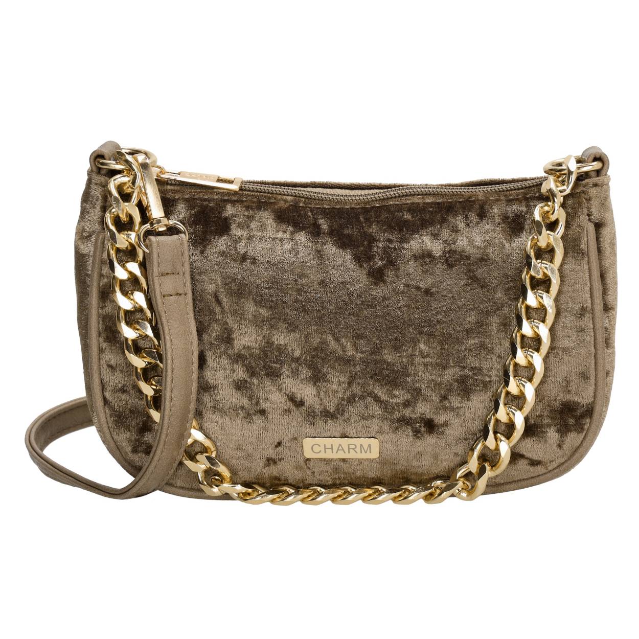 Deze Velvet schoudertas komt van Charm London. De schoudertas heeft een handig formaat zodat je jouw belangrijkste essentials gemakkelijk met je mee kunt nemen, zoals je telefoon en luchtje. Door het velvet stofje krijgt de tas een leuke uitstraling en is het een echte eyecatcher. De schoudertas sluit met een ritssluiting. De goudkleurige ketting is een leuk detail. Je draagt de tas aan de verstelbare en afneembare schouderband. Hoe ga jij deze mooie schoudertas dragen?

De tassen van Charm London zijn geïnspireerd op de iconische Britse modehoofdstad London. Ze zijn geïnspireerd op de luxueuze materialen en typerende modellen die daar te zien zijn. Fashionable en stijlvolle damestassen van echt leer of kunstleer, gemaakt zodat jij er elke dag fantastisch uit kunt zien!

De eigenschappen van deze schoudertas zijn: 

Hoofdvak met ritssluiting
Gouden ketting
Verstelbare en afneembare schouderband