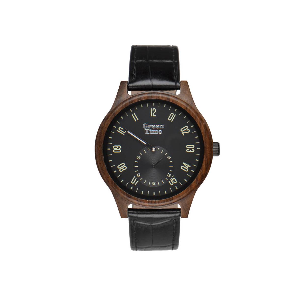 Greentime heren horloge ZW096A
Bruine houten kast met zwarte wijzerplaat
Zwarte lerenband
niet waterdicht