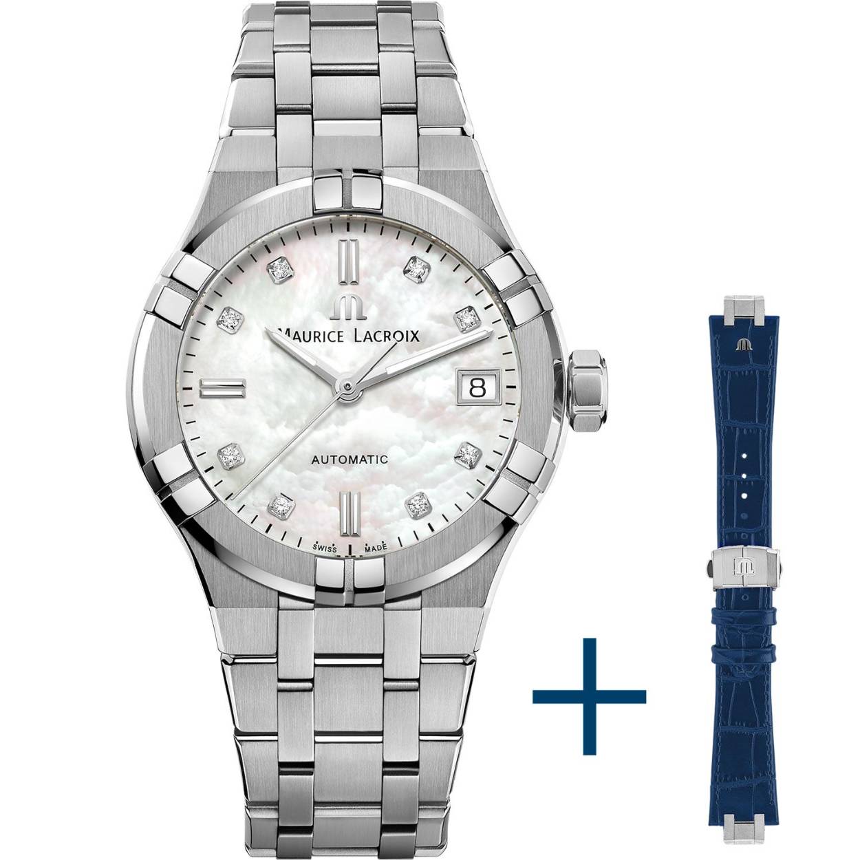 Luxe dameshorloge uit de Maurice Lacroix Aikon-serie met een automatische uurwerk, een edelstalen kast van 35 mm en verfijnde Zwitserse afwerking. Verkrijgbaar bij Juwelier Schouten &ndash; Middenwaard, Heerhugowaard.