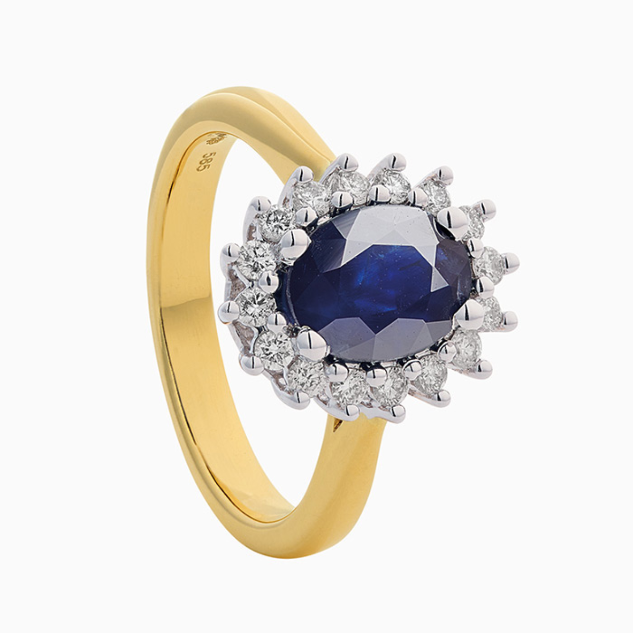 Facet bi-color Lady Di ring briljant/ blauw saffier. Gezet met diamant en een 0,35crt blauw saffier.
