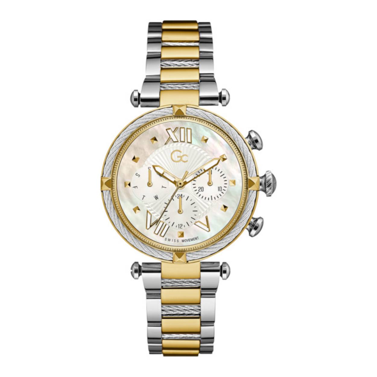 Het bicolour dames horloge uit de Gc LadyChic Collection  is een mix tussen sportief en klassiek en heeft een luxueuze uitstraling. De crossover tussen fashion en sport zien we steeds meer terug in het modebeeld. De rosegouden lunet op de kast van 32 mm contrasteert mooi bij het rose in de stalen band. Het horloge is tot 100 ATM waterdicht en heeft een vouwsluiting. Model: Y06002L1MF