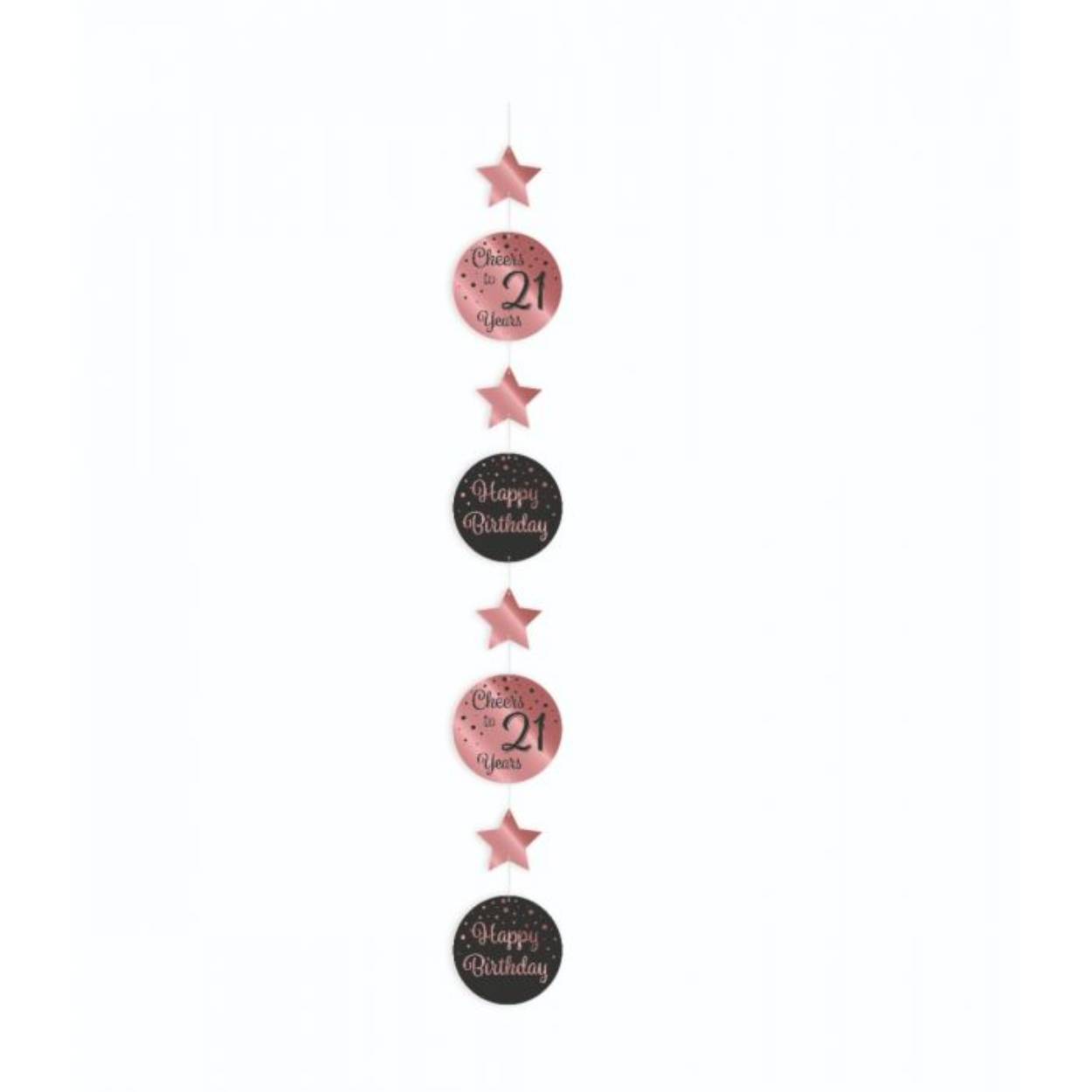 Een luxe feestje kan niet zonder deze rose/black hanging decorations en deze met opdruk 21 maakt het feestje echt af! De hanging decorations zijn gemaakt van plastic, zijn 120 centimeter lang en hebben een diameter van 15 centimeter. 