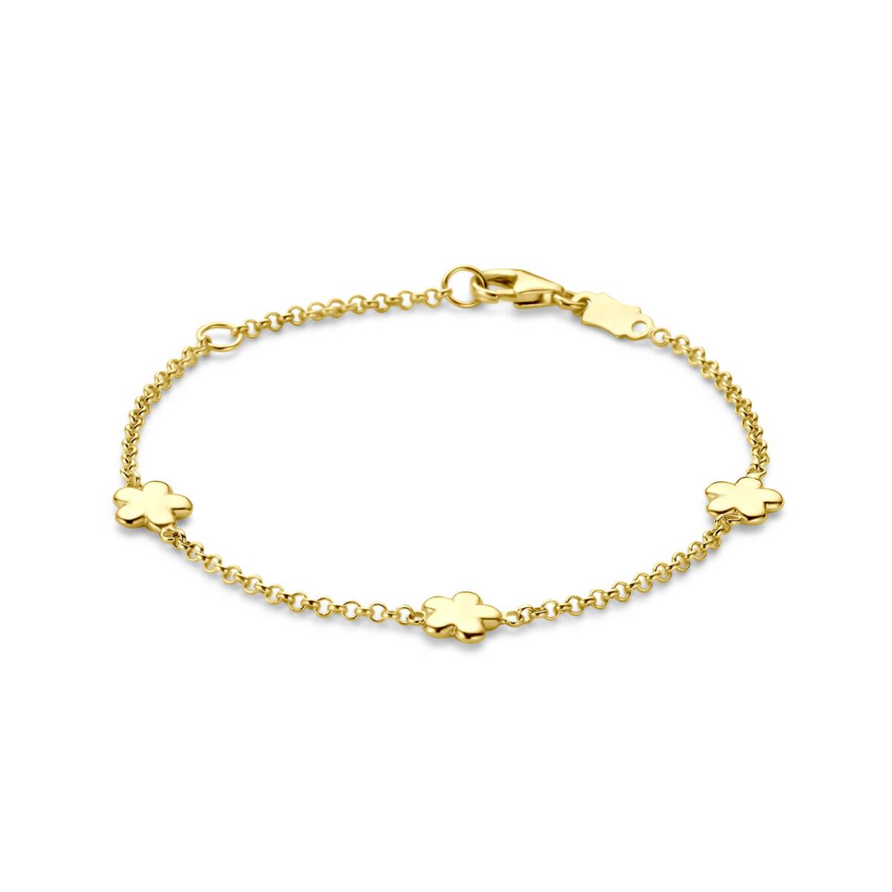 14k Geelgouden armband uitgevoerd met bloemen. De armband heeft draaglengtes van 11-13cm. Uitgevoerd met karabijnsluiting.