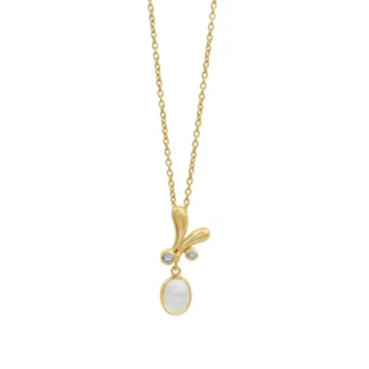Deze geel goud vergulde ketting heeft een hanger met een prachtige 8 x 6 mm maansteen en is omringd door een 2 mm en 2,5 mm ronde gefacetteerde blauwe topaas. De ketting kan op zowel 42 als 45 cm gedragen worden.
