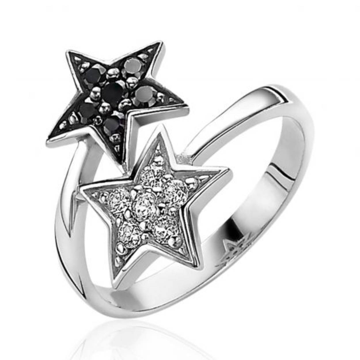 ZINZI zilveren multi-look ring met twee sterren zwart witte zirconia's