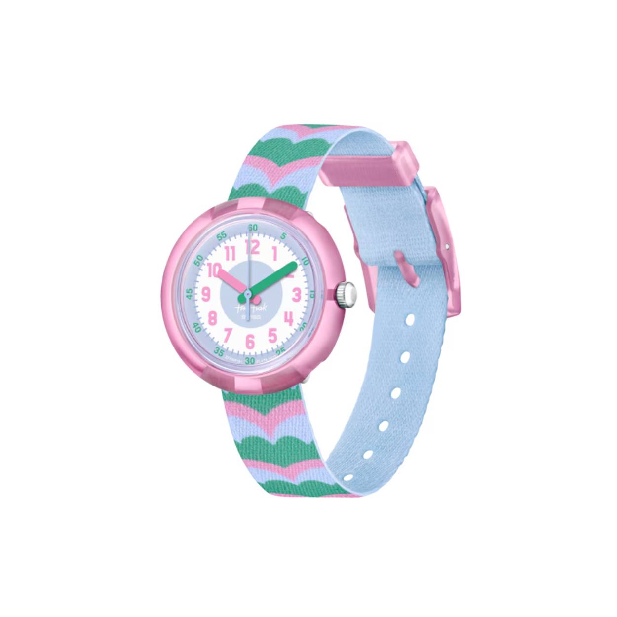 Het educatieve horloge voor kinderen RETRO SCALES heeft een golvend roze, groen en blauw patroon. Een kleurrijk, speels cadeau voor kinderen, met als bonus dat ze leren klokkijken!