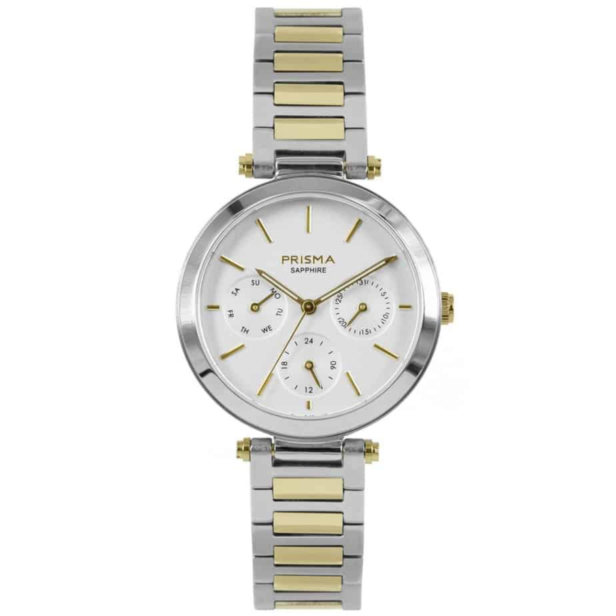 P1342 Prisma dph rond witte.wzp streep ind. Dag Datum Seconde dials bicolor  stalen band