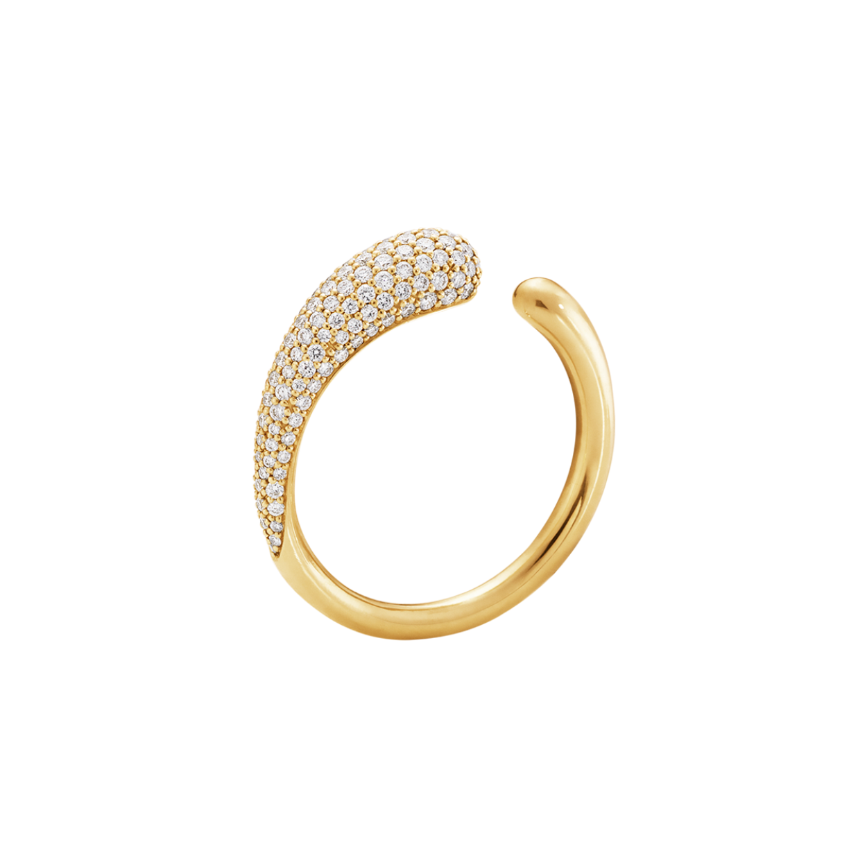 A single strand of yellow gold twists around the finger, one end glistening with pavé-set diamonds in this sensuous and organic ring. Inspired by the passage of time with the gap perhaps representing a pause for thought, the ring is understated enough to work stacked with others but also eye-catching in its fluid form to create a statement by itself.