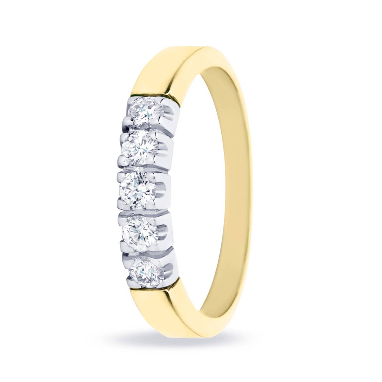 Deze schitterende ring, model Carole, is verkrijgbaar in diverse diamantgroottes en aantallen diamanten. Tevens kunt u bij gelegenheid diamanten laten bijplaatsen.

Op de afbeelding zien we een uitvoering met 5 briljant geslepen diamanten van 0.05ct per stuk in 14 karaat geelgoud.

Alle sieraden van R&C worden met de hand vervaardigd in Nederland en zijn in verschillende goudcombinaties en diamantgroottes te krijgen. Informeer in de winkel naar de mogelijkheden.