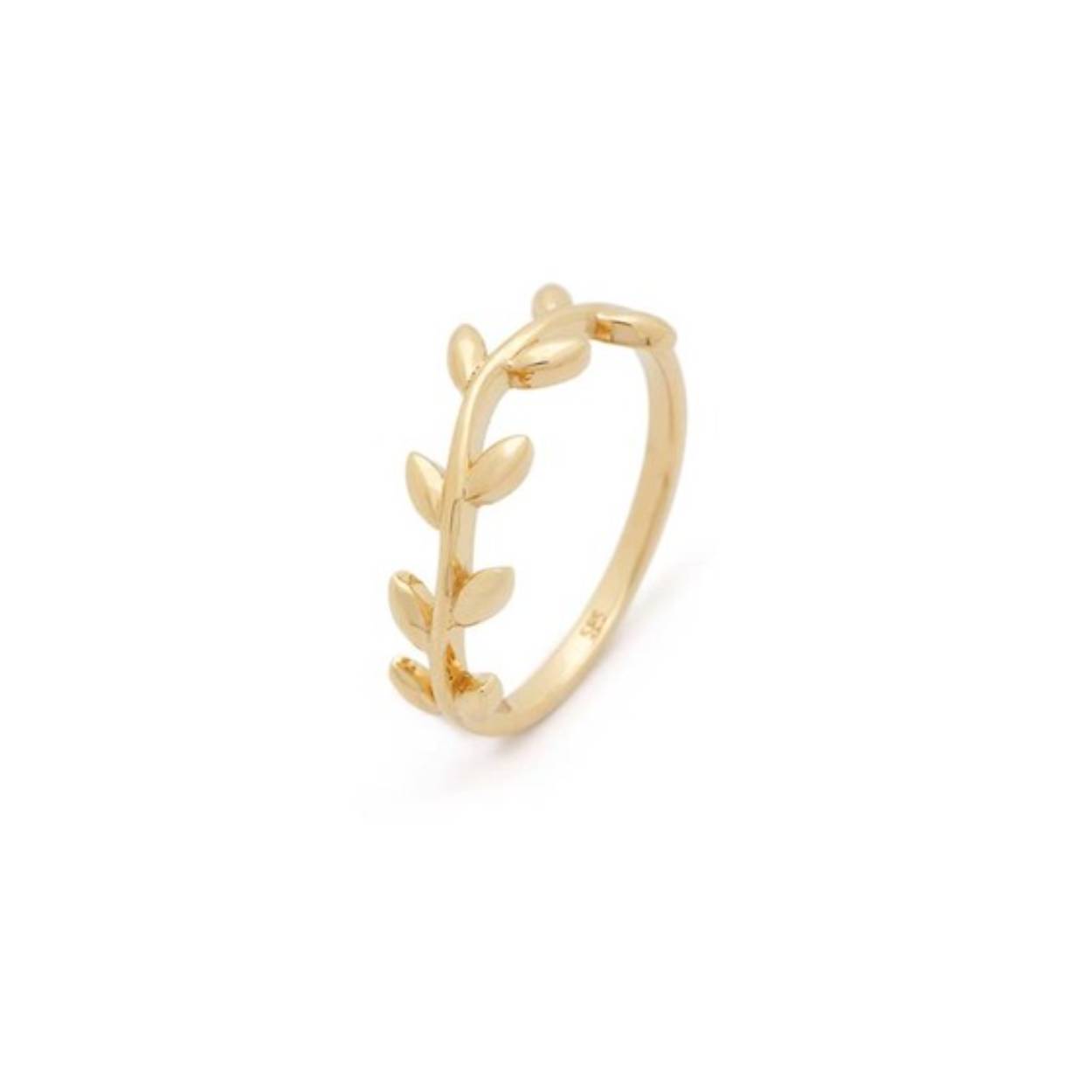 14k geelgouden ring in vorm van een tak met bladeren.