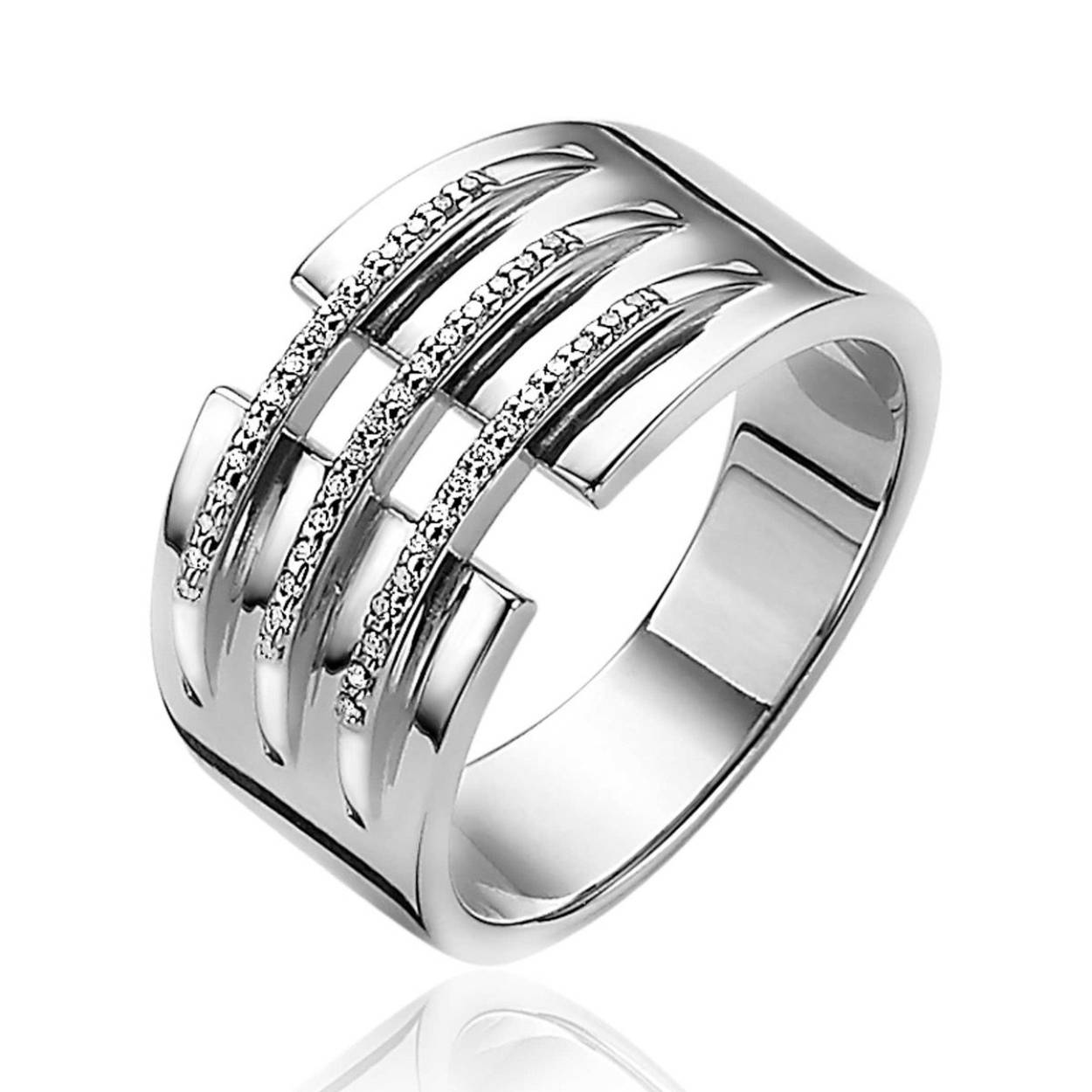 ZINZI zilveren elegante ring (11mm breed) met drie strakke banen bezet met witte zirconia's. Exclusief ontworpen door mode-ontwerper Mart Visser. Deze zilveren ring draagt herkenbaar de signatuur van Mart Visser. Vervaardigd van eerste gehalte zilver (925) en met extra rodiumlaag voor een langdurige glans. 